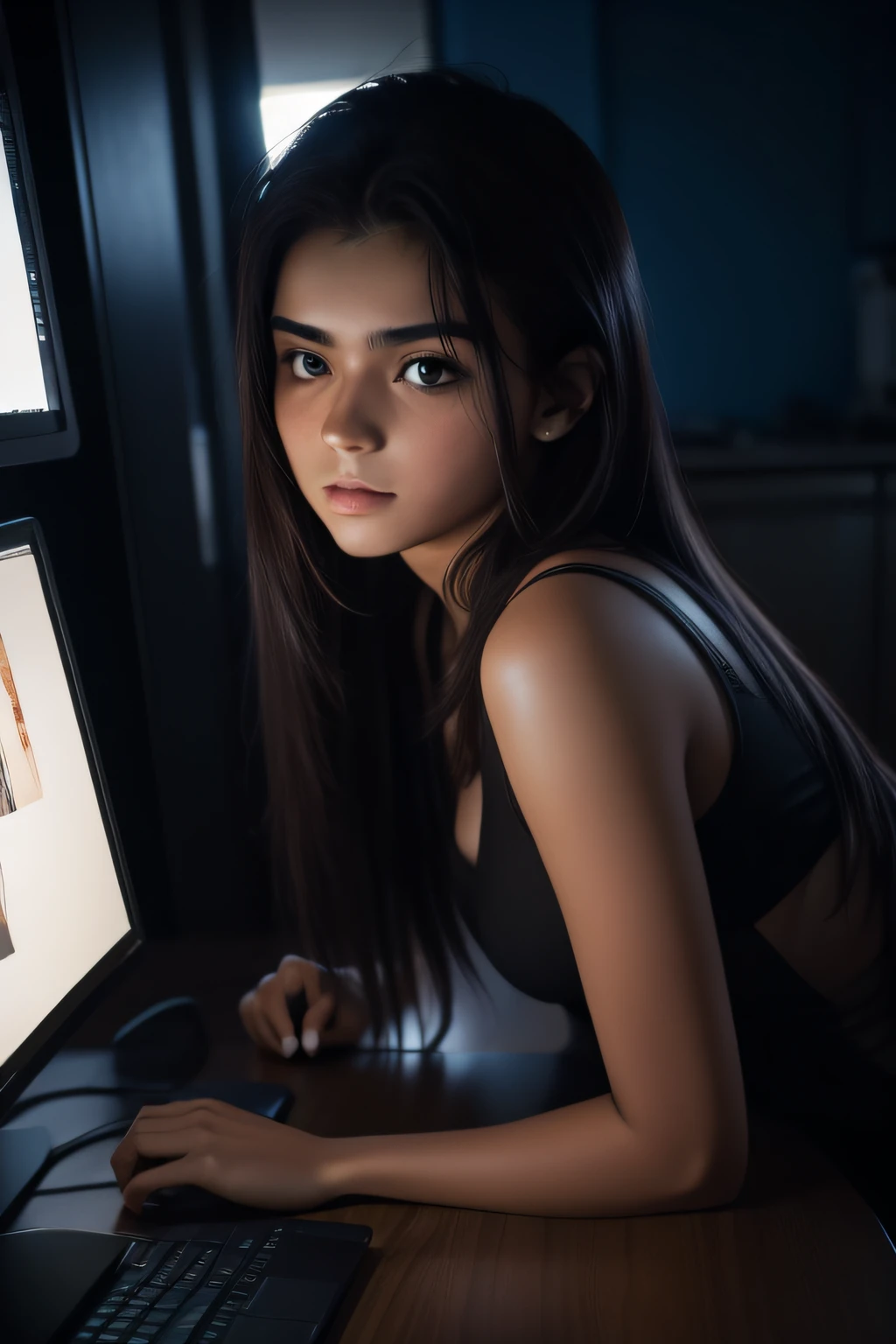 "Rapariga de sexy, jogando "Valorant" de modo efusivo no computador."