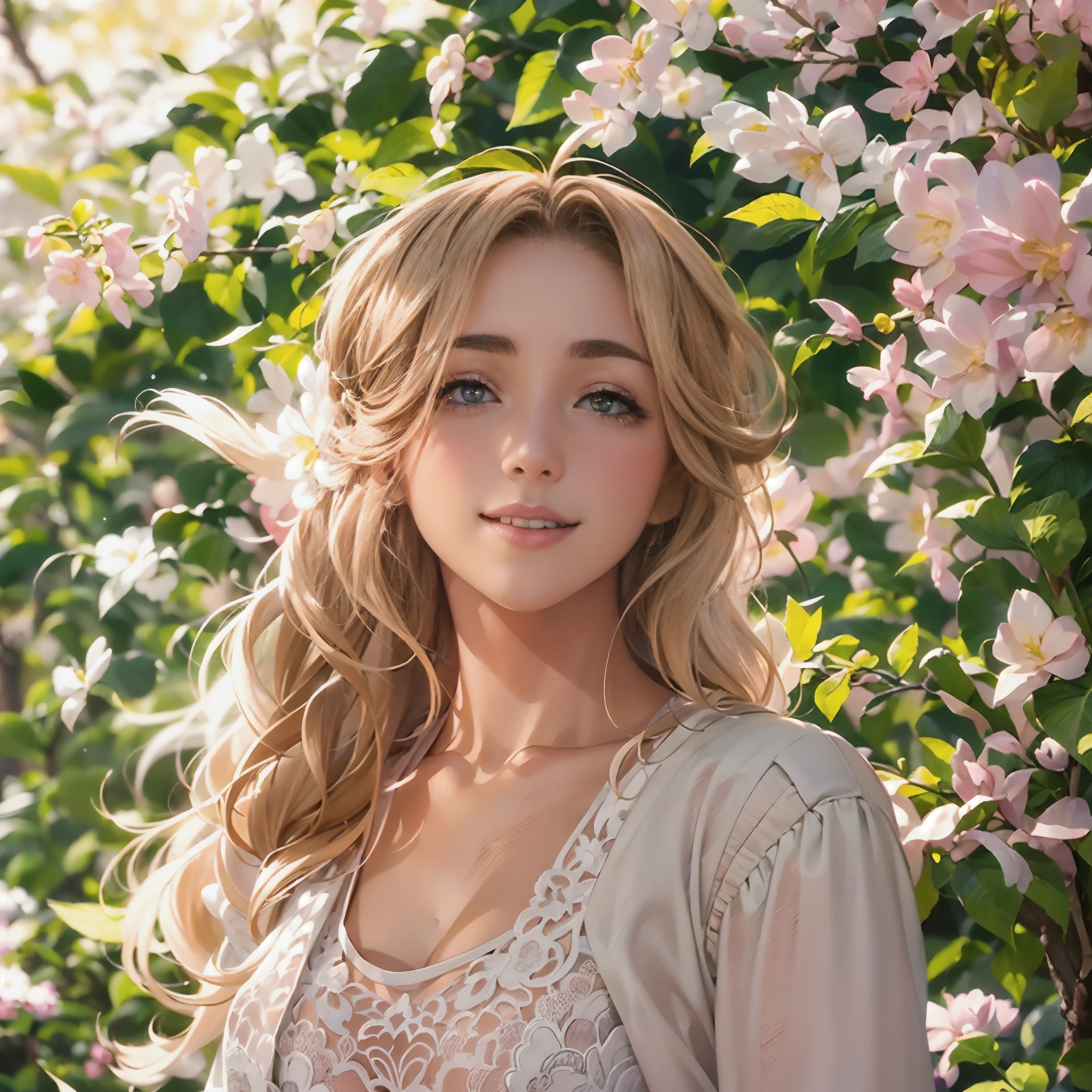 (obra maestra) (La mejor calidad) Una hermosa mujer vestida de blanco con una corona de hojas doradas en la cabeza. She is in a beautiful garden standing in front of the camera with a beautiful smile in a natural pose....................... movie quality (Anime mejor calidad)