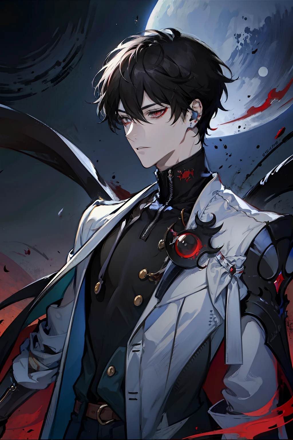 Masterpiece, Best Quality), 1 male, Adult, a handsome, hairlong, red eyes, black catsuit, Thorn, forehead, upper-body, Vampire, mansion, Dark, moon light, dutch angle, Mysterious atmosphere, Fantasy, The Superpower Effect, Blood effect