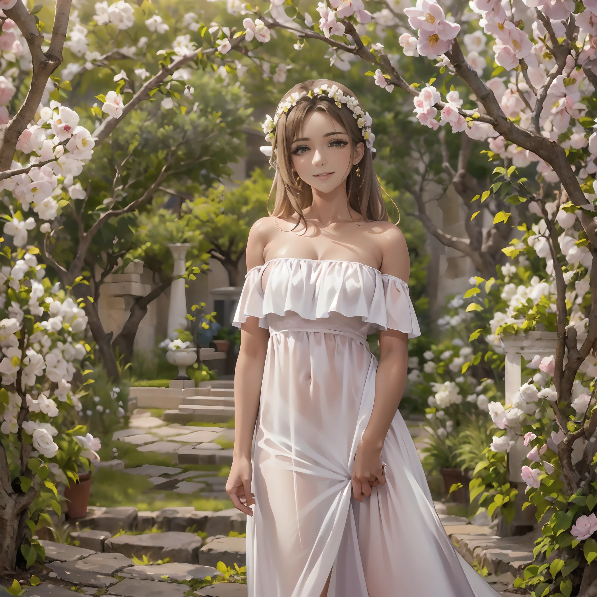 (obra maestra) (La mejor calidad) Una hermosa mujer vestida de blanco con una corona de hojas doradas en la cabeza. She is in a beautiful garden standing in front of the camera with a beautiful smile in a natural pose....................... movie quality (Anime mejor calidad)