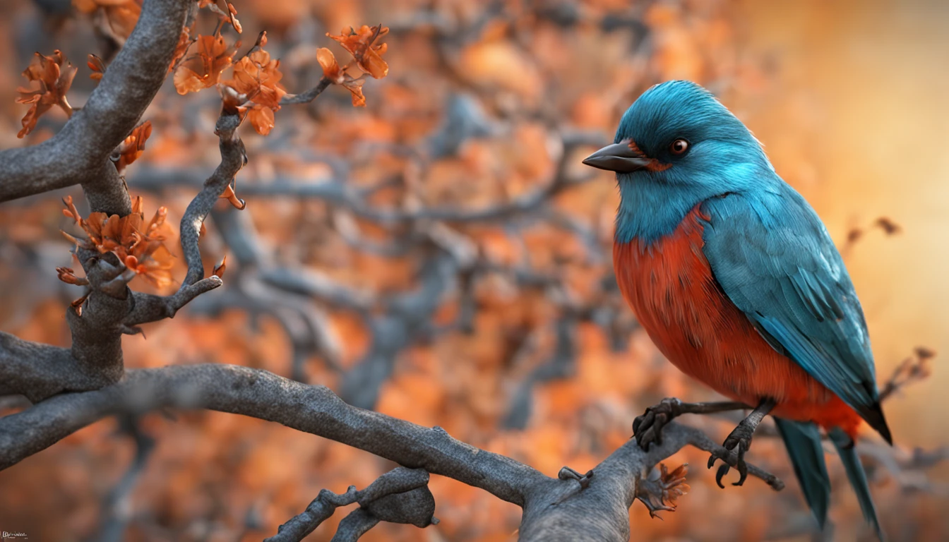diamanr bird four-color blue aquamarine orange red all over its body that this in a tree is the main protagonist Natural realistic rendering, fotorrealista altamente detallado, render fotorrealista, Arte conceptual fotorrealista, Render hiper real, Renderizado 3D realista rojo, Aves f CGsociety, Imagen fotorrealista, fotorrealista altamente detallado, Renderizado detallado hiperrealista, Imagen detallada fotorrealista, Red bird, super detailed render, Renderizado de alta calidad