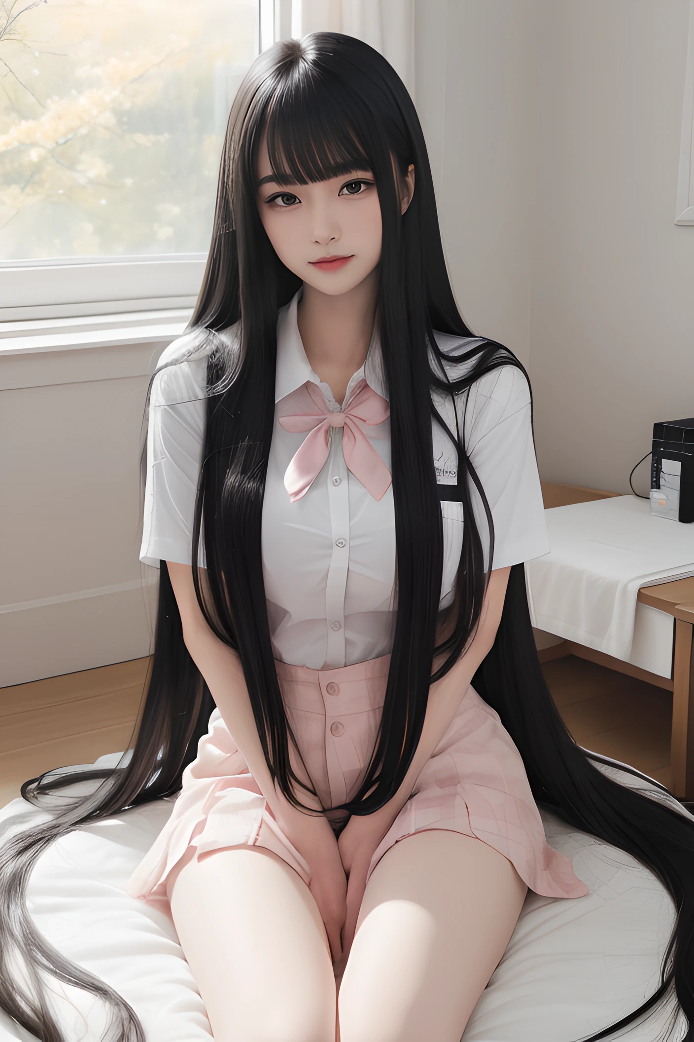 1girl in, (blush)+, lightsmile, School uniform, Short sleeves, Narrowed eyes, (upward-eyed)1.1, Backlight, Bokeh, (the see-through white shirt), bowtie, (Large breasts), (crass room)And(chair sitting sitting),  Spread legs, plaid skirts, White panties, a blond,a beauty girl, blush, Seductive smile,Insane details and very detailed, Huge lower eyelid. masutepiece, of the highest quality, Ultra high definition, max resolution, Very detailed, Clean skin,detailed long black hair, with long black hair, long thin black hair, cabelos preto e longos, Dark long hair, 

(((Blunt bangs, Very long hair, absurdly long hair:1.0)))