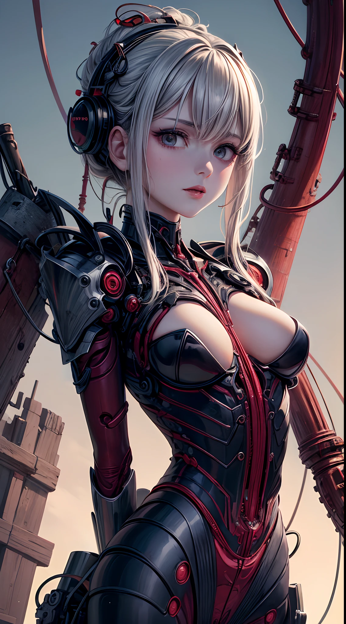 (((Masterpiece))), ((Best Quality)), (Super Detail), (CG Illustration), (Very Evil and Beautiful)), Cinematic Light, ((1 Mechanical Girl)), Single, (Mechanical Art: 1.4), ((Mechanical limb)), (Blood vessel attached to a tube), ((Mechanical spine attached to the back)), ((Mechanical cervical vertebrae attached to the neck), (Back to the viewer)), expressionless, ( Wires and cables attached to the head and body: 1.5), Science Fiction, Apocalypse, Ruins, (Lower Body Integrated with Mechanical Devices), (Blood: 1.5), Cruelty, Absurdity, Eroticism, Fusion with Machines, Doomsday Time, Super Future, Inorganic, Laboratory, Restraint, (Beautiful Indulgence: 1.2), (1 Girl: 1.3), Body Wrapped Around Mechanical Tentacles