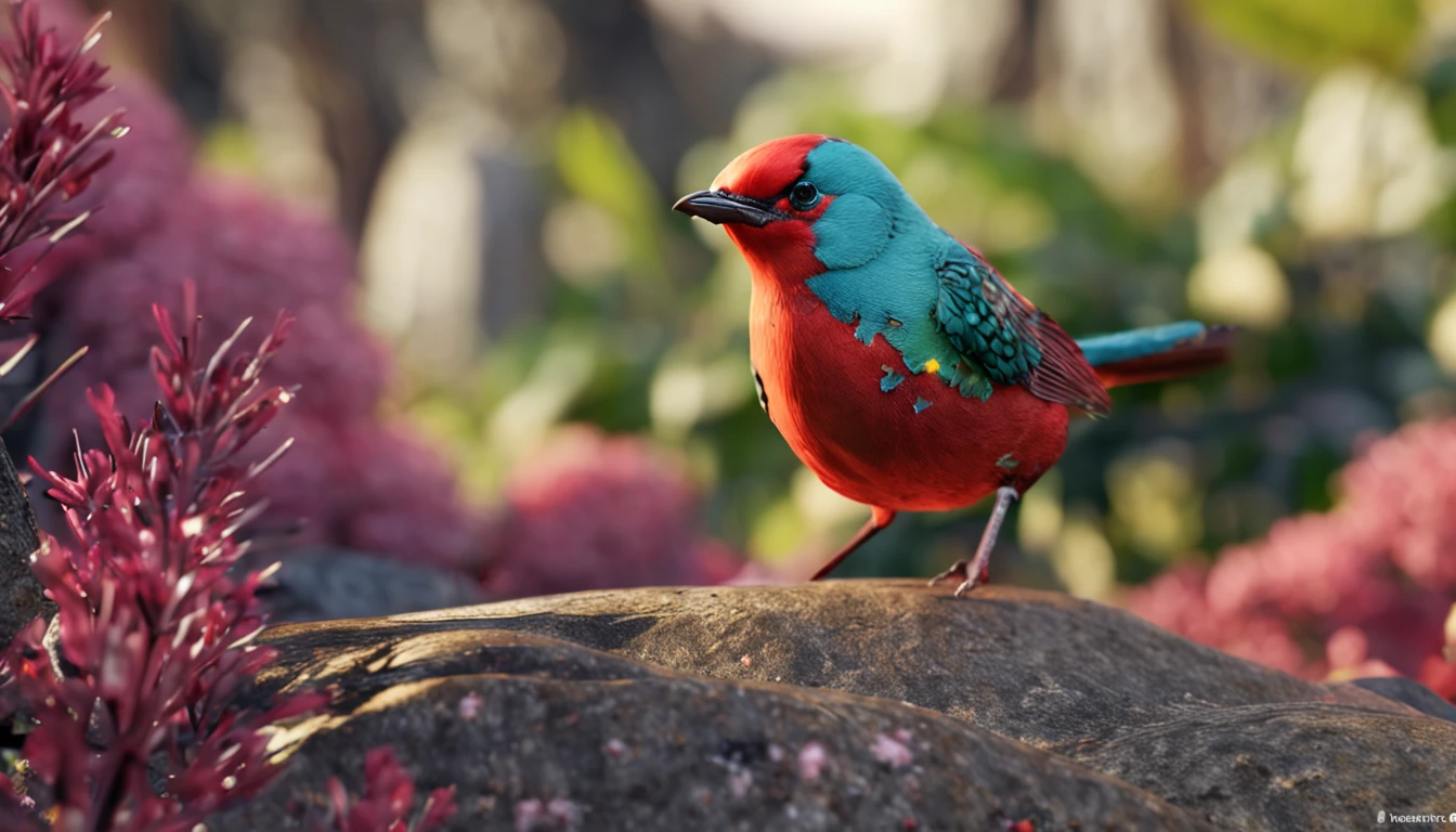 Ruficauda diamond bird with colors on its face red and all its body lemon all over its body that this in a tree is the main protagonist Natural realistic rendering, fotorrealista altamente detallado, render fotorrealista, Arte conceptual fotorrealista, Render hiper real, Renderizado 3D realista rojo, Aves f CGsociety, Imagen fotorrealista, fotorrealista altamente detallado, Renderizado detallado hiperrealista, Imagen detallada fotorrealista, Red bird, super detailed render, Renderizado de alta calidad