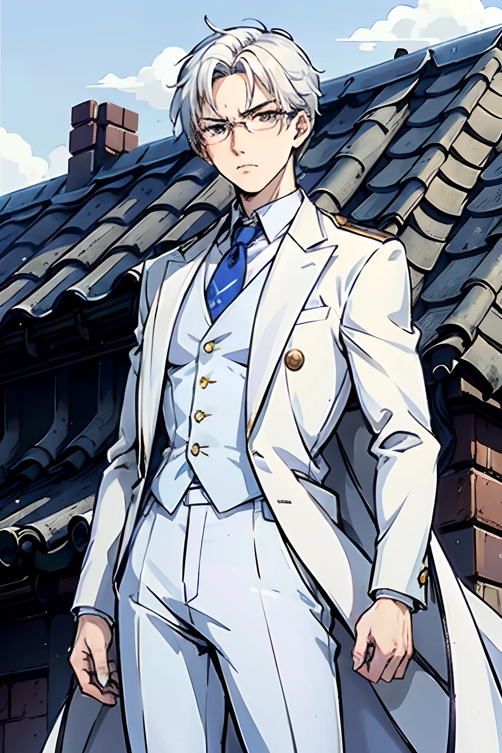 Elite School uniform, white blue clothing, white tuxedo, blue pants, golden buttons, blue neck tie, young adult, 20 years old, white hair, curtain mullet hairstyle, short hair, detailed eyes, light blue pupils, arrogant expression, angry pose, skinny, tall, glasses, masculine face, masterpiece, rooftop background, school rooftop, roof