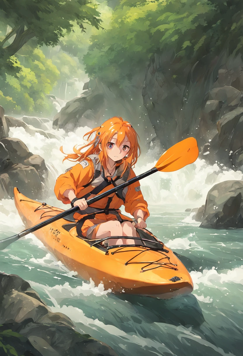 ultra realistic orange kayak and girl going down rapids. Monkeys and hippos in the back ground with a waterfall
