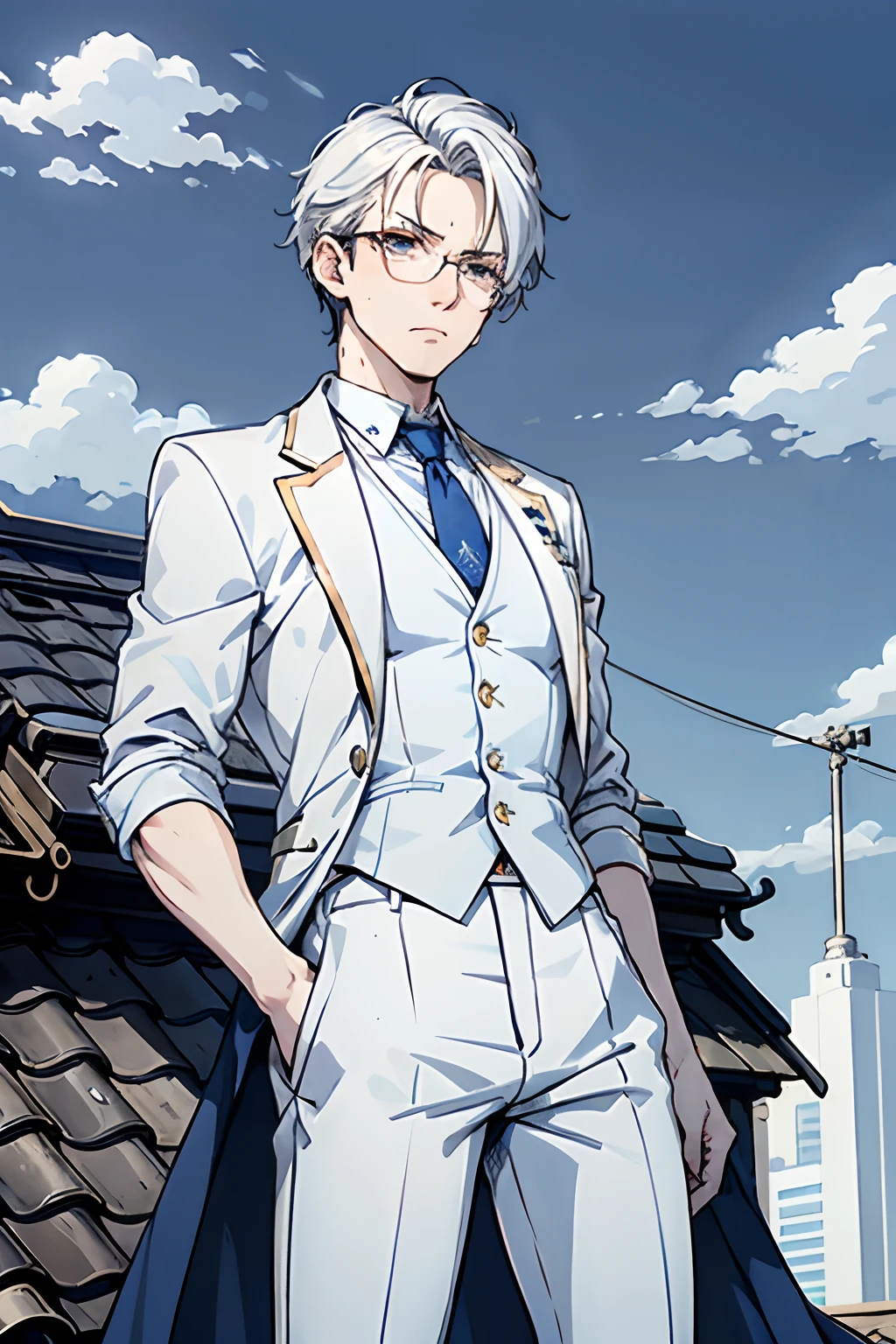 Elite School uniform, white blue clothing, white tuxedo, blue pants, golden buttons, blue neck tie, young adult, 20 years old, white hair, curtain mullet hairstyle, short hair, detailed eyes, light blue pupils, arrogant expression, angry pose, skinny, tall, glasses, masculine face, masterpiece, rooftop background, school rooftop, roof