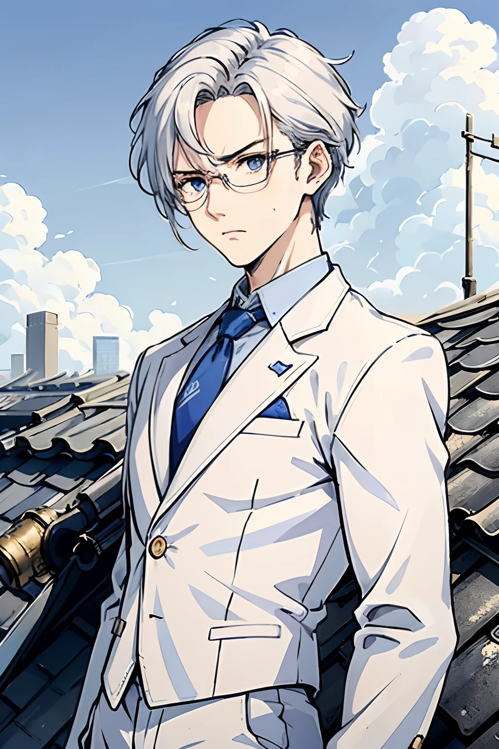 Elite School uniform, white blue clothing, white tuxedo, blue pants, golden buttons, blue neck tie, young adult, 20 years old, white hair, curtain mullet hairstyle, short hair, detailed eyes, light blue pupils, arrogant expression, angry pose, skinny, tall, glasses, masculine face, masterpiece, rooftop background, school rooftop, roof