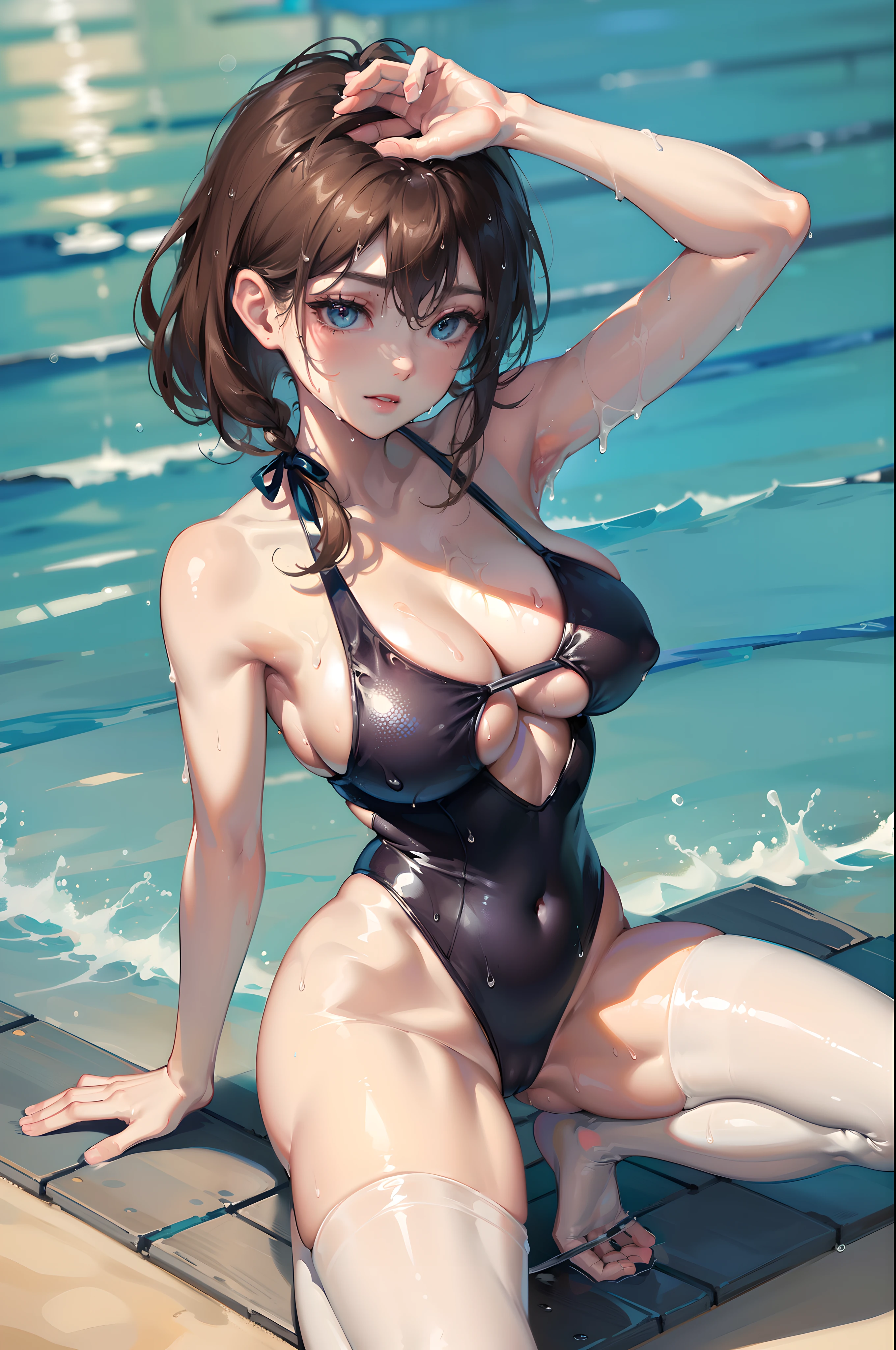 (8K、RAW Photos、top-quality、masterpiece:1.2)、(realisitic、Photorealsitic:1.37)、Girl 1 Human、、japanes、12 years old、femal、swimmingols、splash water、natural soft light、photon maping、Radio City、dark brown hair、详细的脸、Detailed lips、detailedeyes、Detailed hands、Detailed Feet、More skin、二重まぶた、(huge-breasted:1.5)、((maikurobikini))、((Wet swimsuit:1.5))、The shape of is clearly visible、(The shape of the pubic area is clearly visible)、perfectbody、(Wet body:1.5)、shinny skin、(to stand)、Open your crotch、sexypose、A smile、Make eye contact with the camera、Blue swimsuit、Swimmers、Big breasts、large full breasts、olympic swimmer、femal1The human、Solid blue swimsuit、Soft milk、Beautiful leg line、Exposed cleavage、masterpiece、top-quality、超A high resolution、Arms behind your head、Raise both hands、Pose to show armpits by raising both hands、Squatting open legs、Fold your hands behind your head、swimsuit shiny、ratex、panthyhose、sexy pose、Tie your hair behind your head、pantyhose