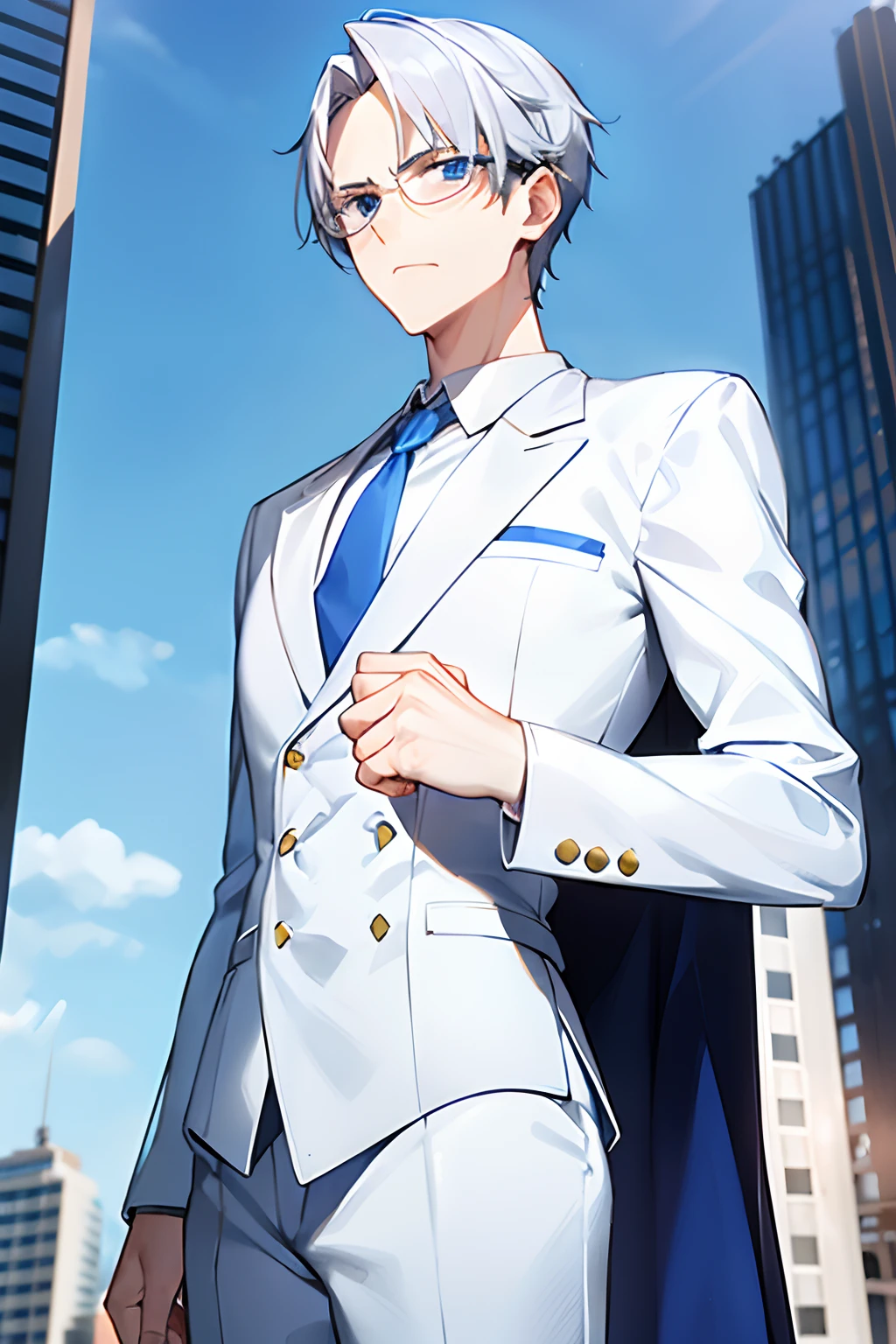 Elite School uniform, white blue clothing, white tuxedo, blue pants, golden buttons, blue neck tie, young adult, 20 years old, white hair, curtain mullet hairstyle, detailed eyes, light blue pupils, arrogant expression, angry pose, skinny, tall, glasses, masculine face, masterpiece, rooftop background, school rooftop,