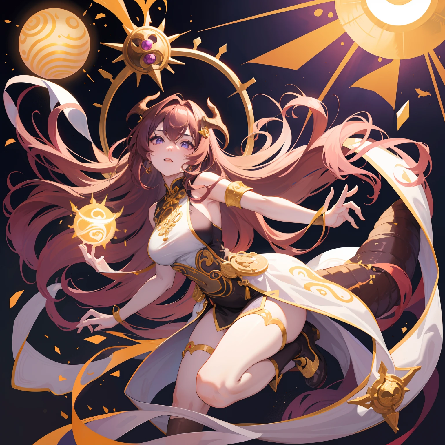 Woman, messy light brown long hair with a purple tint, dragon horns and tail, white and black Chinese dress with tight-fitting elements on her arms and legs, gold divine light, God's gaze, a sun circle behind her back, indifferent and cold gaze, light lipstick, light eyes