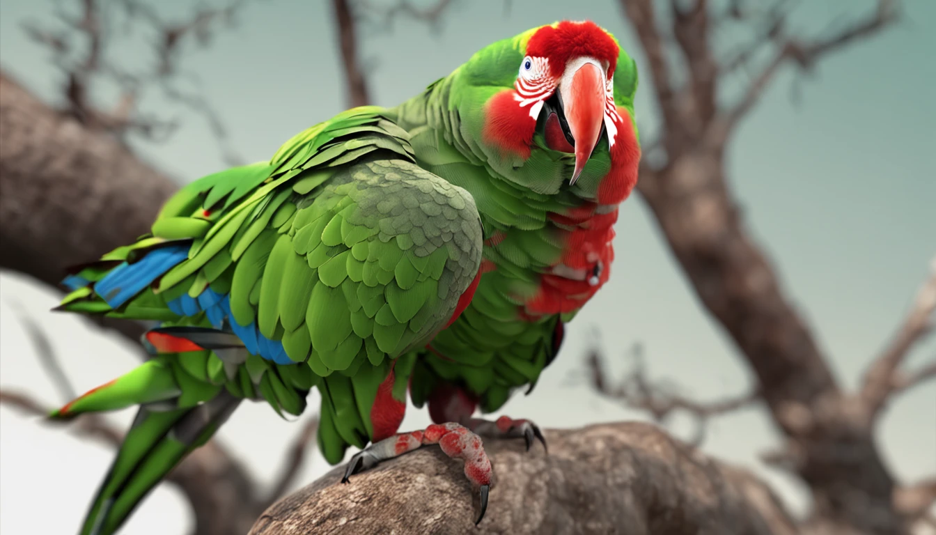 Bird Diamond Parrot Green on the body and red face and tail all over its body That this in a tree is the main protagonist Natural realistic rendering, fotorrealista altamente detallado, render fotorrealista, Arte conceptual fotorrealista, Render hiper real, Renderizado 3D realista rojo, Aves f CGsociety, Imagen fotorrealista, fotorrealista altamente detallado, Renderizado detallado hiperrealista, Imagen detallada fotorrealista, Red bird, super detailed render, Renderizado de alta calidad