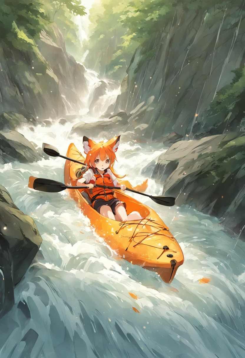 ultra realistic orange kayak and fox girl going down rapids, waterfall background