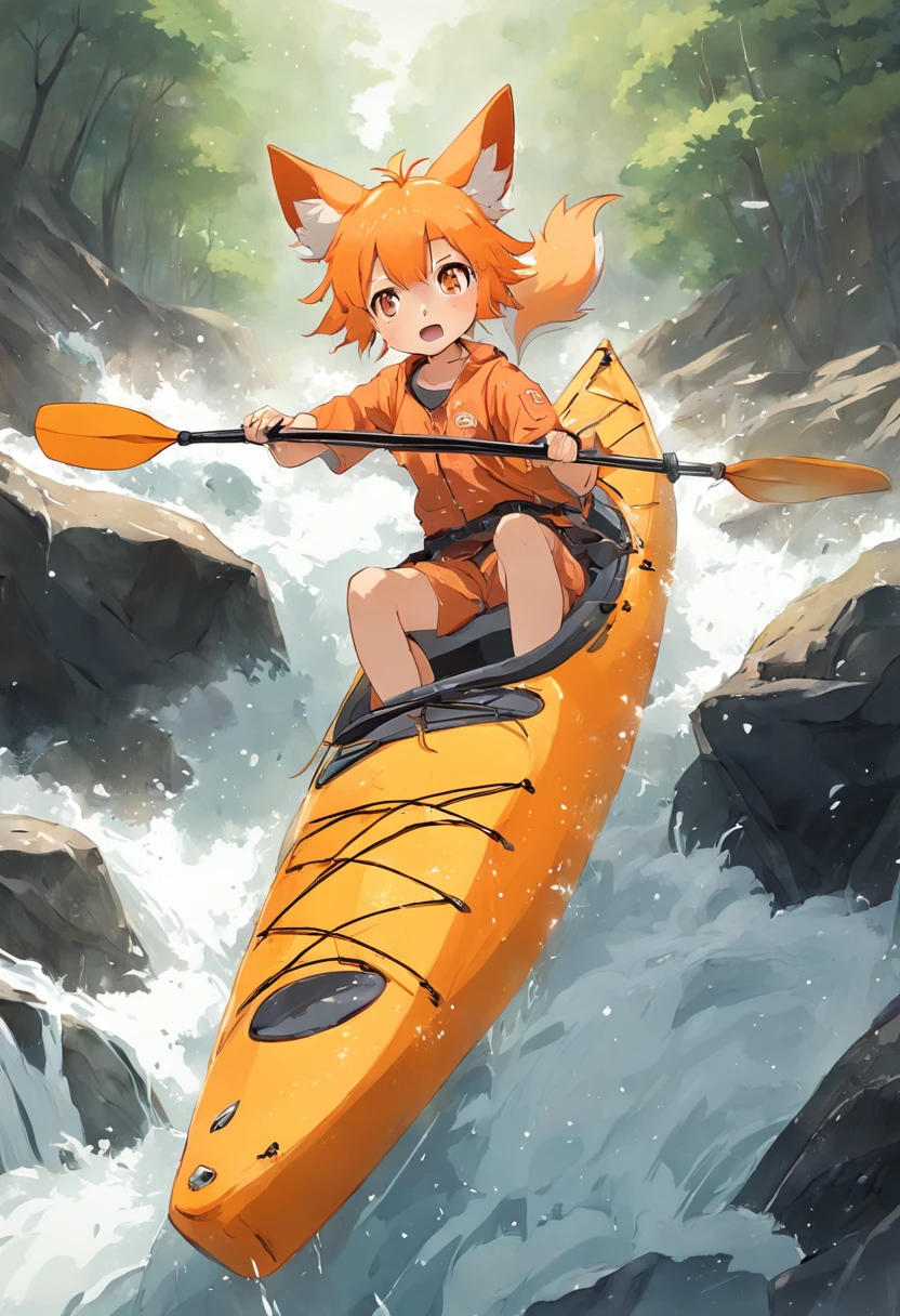 ultra realistic orange kayak and fox girl going down rapids, waterfall background