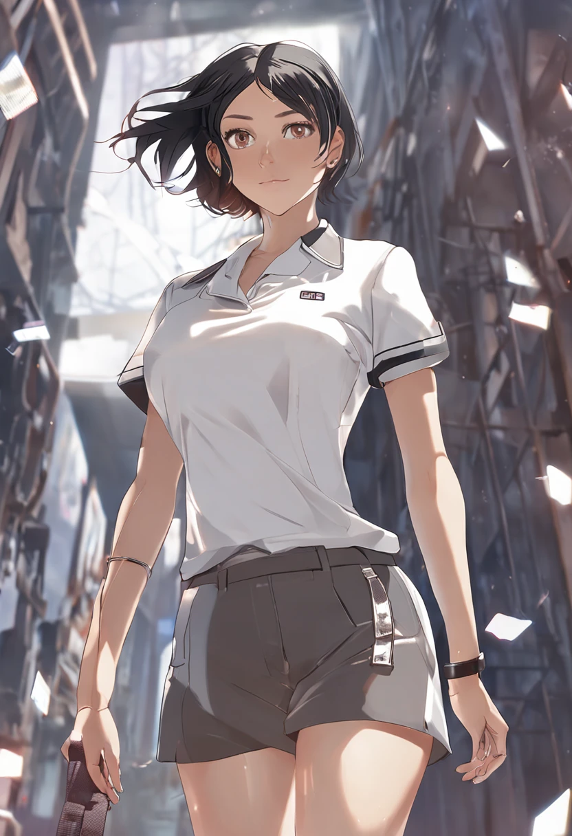 1girl, solo, white polo shirt, white sneakers, tennis wear, white miniskirt, masterpiece, best quality, realistic, hyper-detailed, (shiny skin, sweaty:1.4), absurd, looking at viewer, short black hair, brown eyes, slender, dynamic lighting, high resolution, sharp focus, depth of field, detailed eyes, sharp pupils, realistic pupils, (small breasts:1.6), (thick thighs:1.0), outdoor, sky