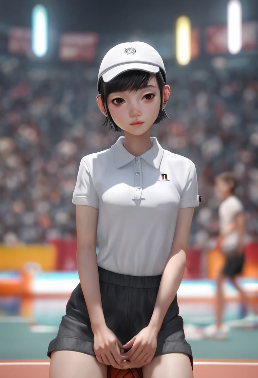 1girl, solo, white polo shirt, white sneakers, tennis wear, white miniskirt, masterpiece, best quality, realistic, hyper-detailed, (shiny skin, sweaty:1.4), absurd, looking at viewer, short black hair, brown eyes, slender, dynamic lighting, high resolution, sharp focus, depth of field, detailed eyes, sharp pupils, realistic pupils, (small breasts:1.6), (thick thighs:1.0), outdoor, sky