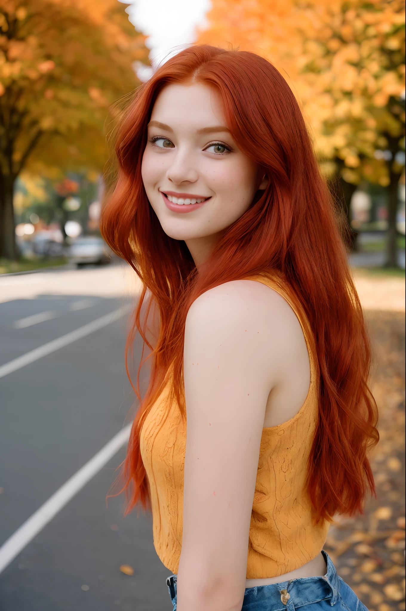 (a closeup of a, Editorial photo of a 21-year-old red-haired woman), (Highly detailed face:1.4) (Smile:0.7) (The background inside is autumn, The street is sunny, private study:1.3) ass pov, Nikon D850, film stock photograph ,4 Kodak Portra 400 ,camera f1.6 lens ,saturated colors ,hyper realistic ,lifelike texture, dramatic lighting , Cinestill 800,