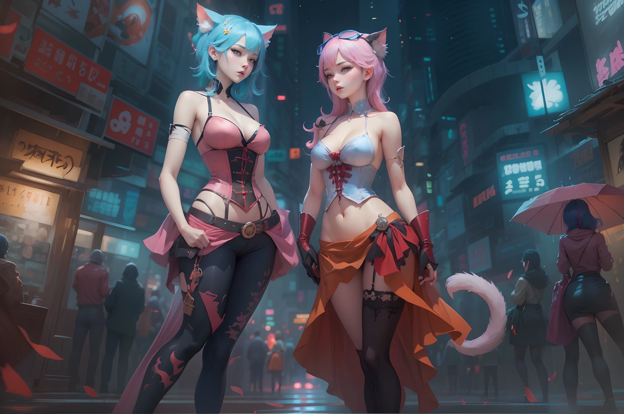 anime - style image of two women with pink and blue hair dressed in red and blue corset, posing in Akihabara for a foto shooting, Captured from a low angle, wlop and sakimichan, attractive cat girl, artwork in the style of guweiz, fantasy art style, 2. 5 d cgi anime fantasy artwork, fanart best artstation, by Yang J, trending on cgstation, wlop and ross tran, guweiz