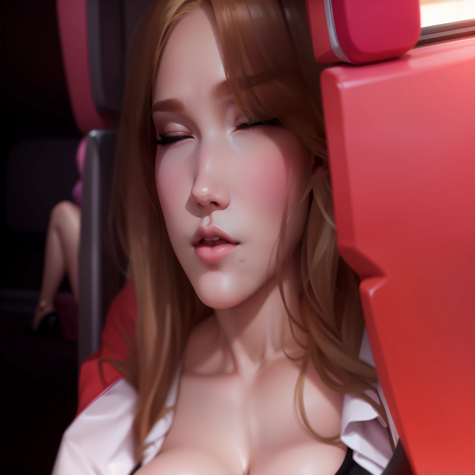 1 beautiful woman, big body, blonde, eyelid makeup, long-sleeved shirt, white shirt, cleavage, pink skirt, high-heeled shoes, black shoes, sleeping sitting on the bus, mouth open, eyes closed