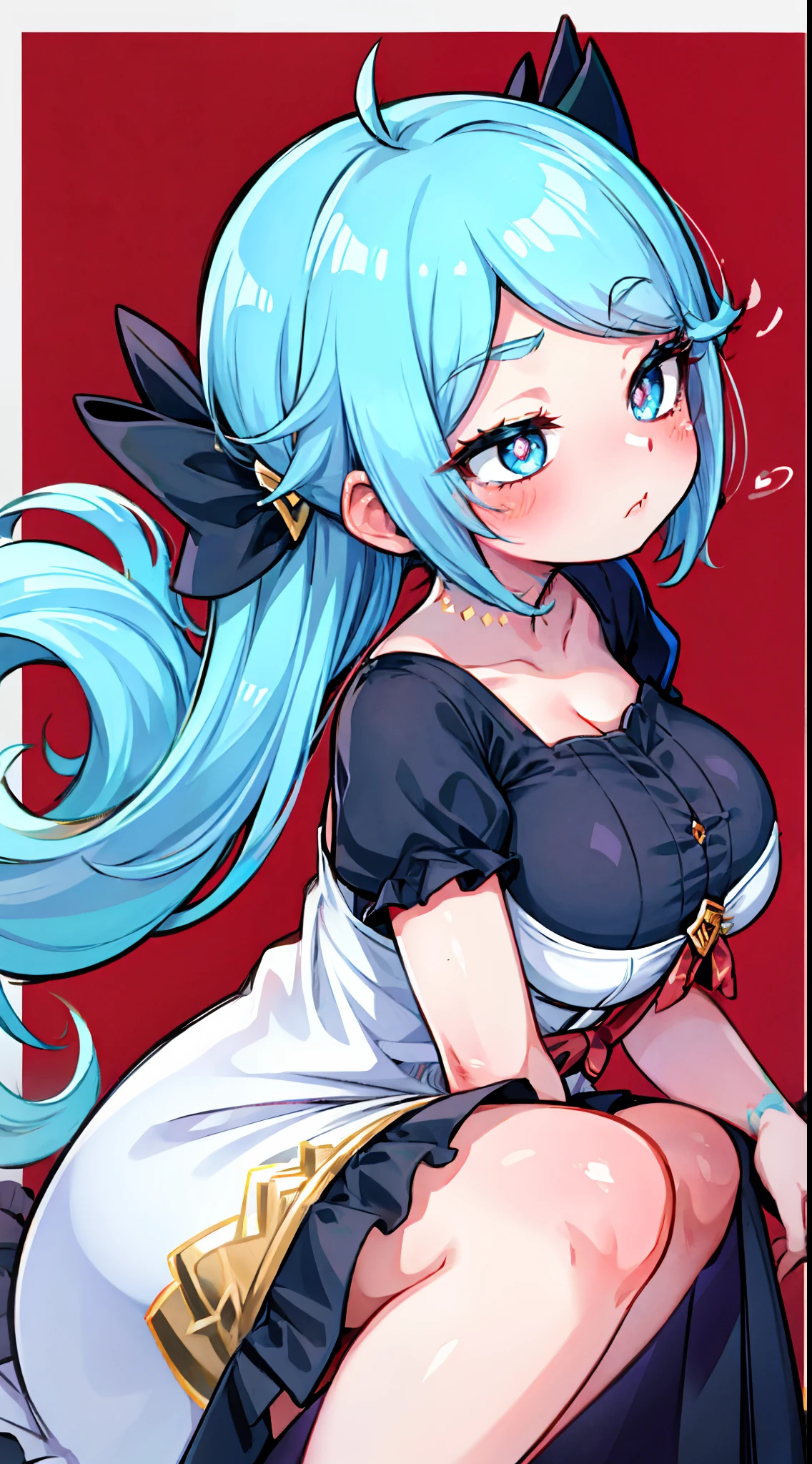 Gwen,White border on red background，Sitting down，Back view，Blush stickers，Long curly blue hair，dual horsetail，Huge bows on the sides of the hair，D-cups，ahegao，White top，Hell Whisperer style,Love background，Fleshy thighs，highly rendered，detailed face with