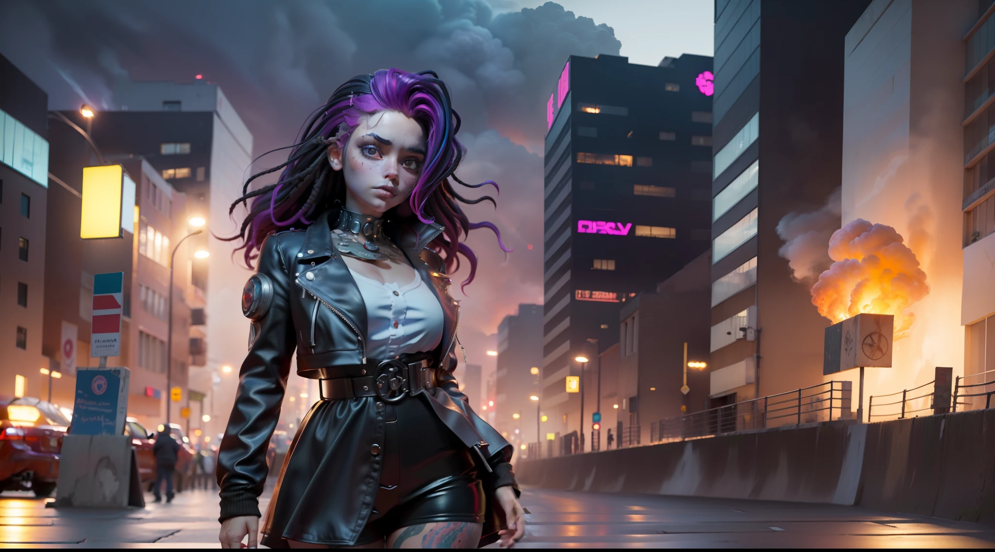 (obra-prima, qualidade superior, Melhor, Arte Oficial, Beautiful and Aesthetic, Long exposure: 1.2), Movimento Suave,1 menina, retrato, sozinho, rosto detalhado, Vista lateral, tiro de corpo inteiro (A colorful-haired goth girl on the streets in a burning cyberpunk city)