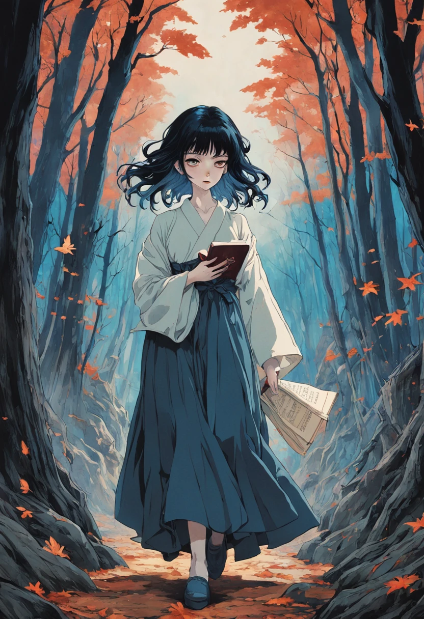 A woman reading a book while walking in the woods. In the style of Takato Yamamoto, Minimalisme inkpunk. Dans le style Tim Burton. NeoGothic.