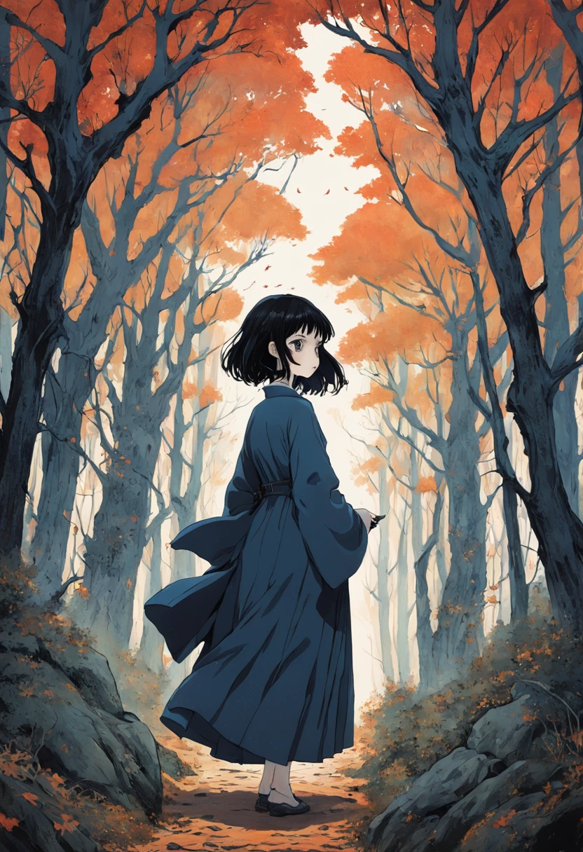 A woman reading a book while walking in the woods. In the style of Takato Yamamoto, Minimalisme inkpunk. Dans le style Tim Burton. NeoGothic.