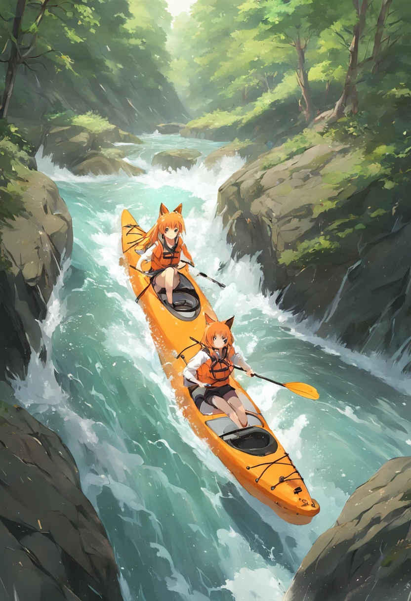 ultra realistic orange kayak with spray deck and fox girl going down rapids, waterfall background
