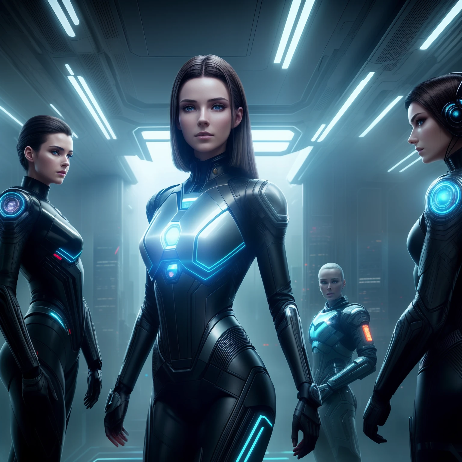 (Photorealistic:1.2), (8K Resolution), (Best Quality), (Masterpiece), portrait of a beautiful female android with pale synthetic skin, short dark hair, glowing cybernetic eyes, wearing a sleek black leather jacket, standing motionless on display in a brightly lit futuristic high-tech androids shop, customers walking by in the background, store has large glass windows overlooking a sprawling futuristic cityscape, cinematic lighting, hazy atmosphere, highly detailed