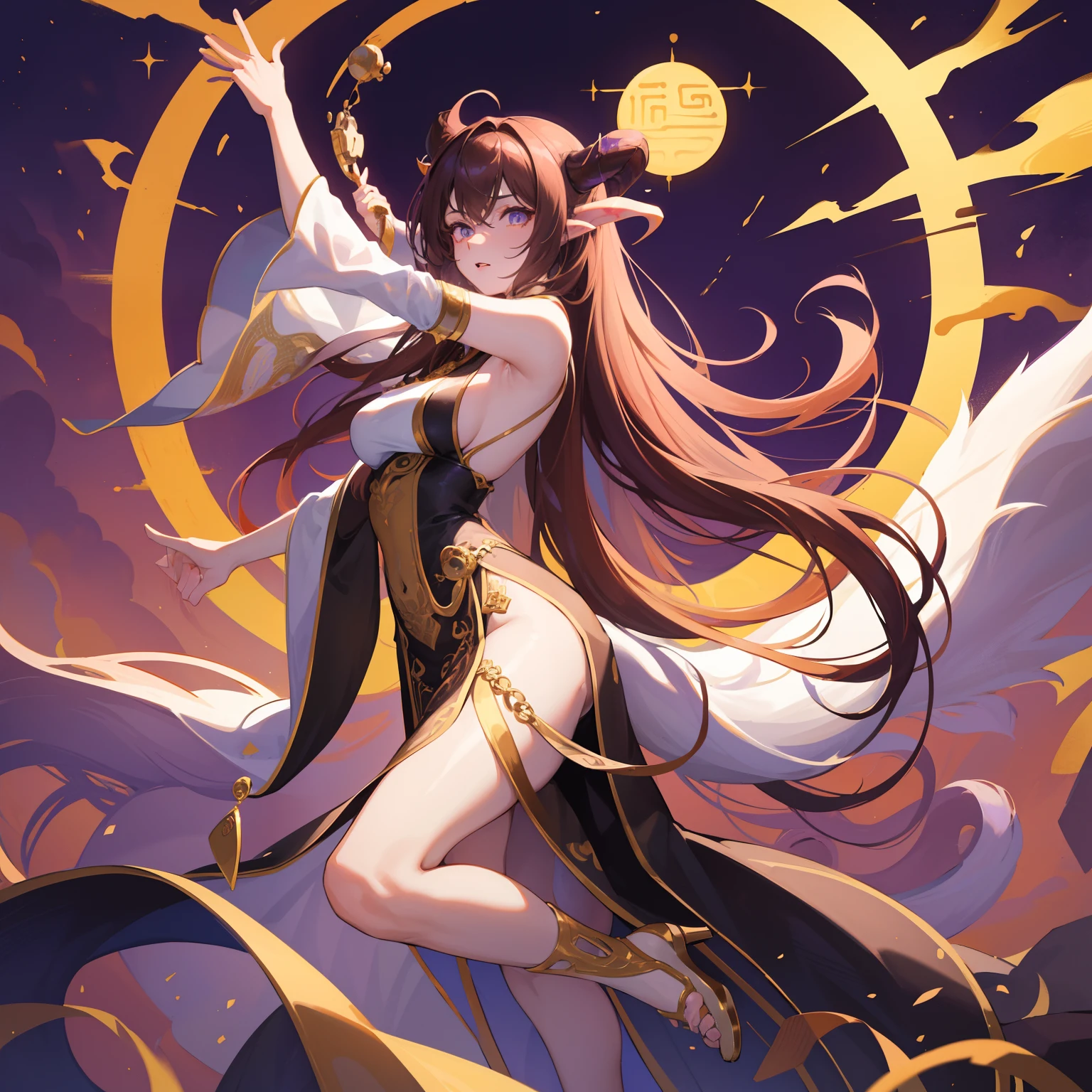 Woman, messy light brown long hair with a purple tint, dragon horns and tail, white and black Chinese dress with tight-fitting elements on her arms and legs, gold divine light, God's gaze, a sun circle behind her back, indifferent and cold gaze, light lipstick, light eyes