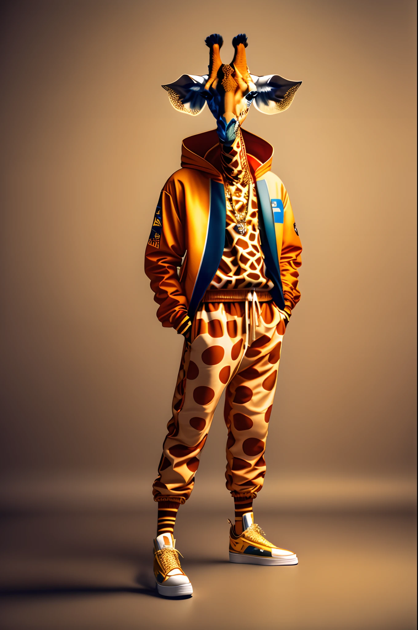 Fashion photo of an anthropomorphic giraffe, dressed in stylish hip-hop clothes from the 1980s, in sneakers, Sony Alpha α7, ISO1900, voluminous lighting. --auto