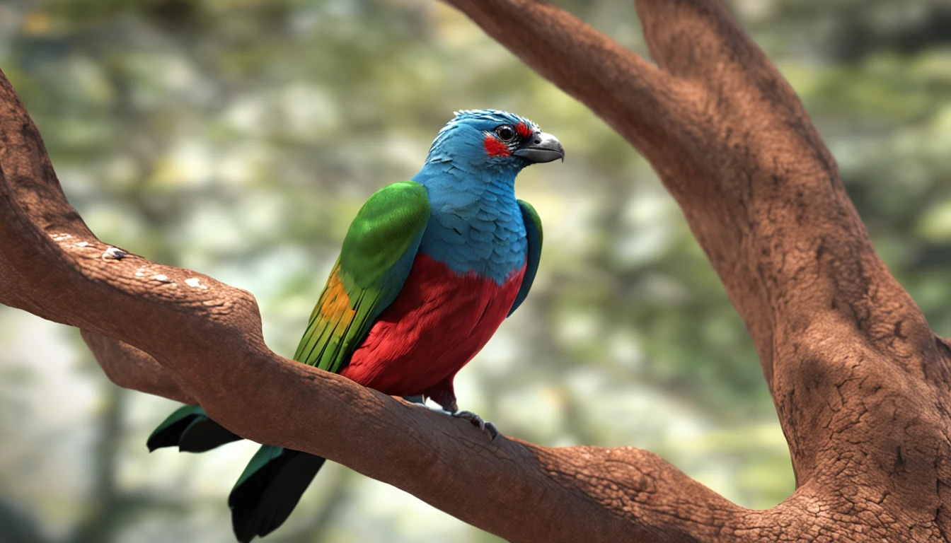 pajaro diamante tricolor verde en el cuerpo , blue face and red tail all over its body that is in a tree is the main protagonist Natural realistic rendering, fotorrealista altamente detallado, render fotorrealista, Arte conceptual fotorrealista, Render hiper real, Renderizado 3D realista rojo, Aves f CGsociety, Imagen fotorrealista, fotorrealista altamente detallado, Renderizado detallado hiperrealista, Imagen detallada fotorrealista, Red bird, super detailed render, Renderizado de alta calidad