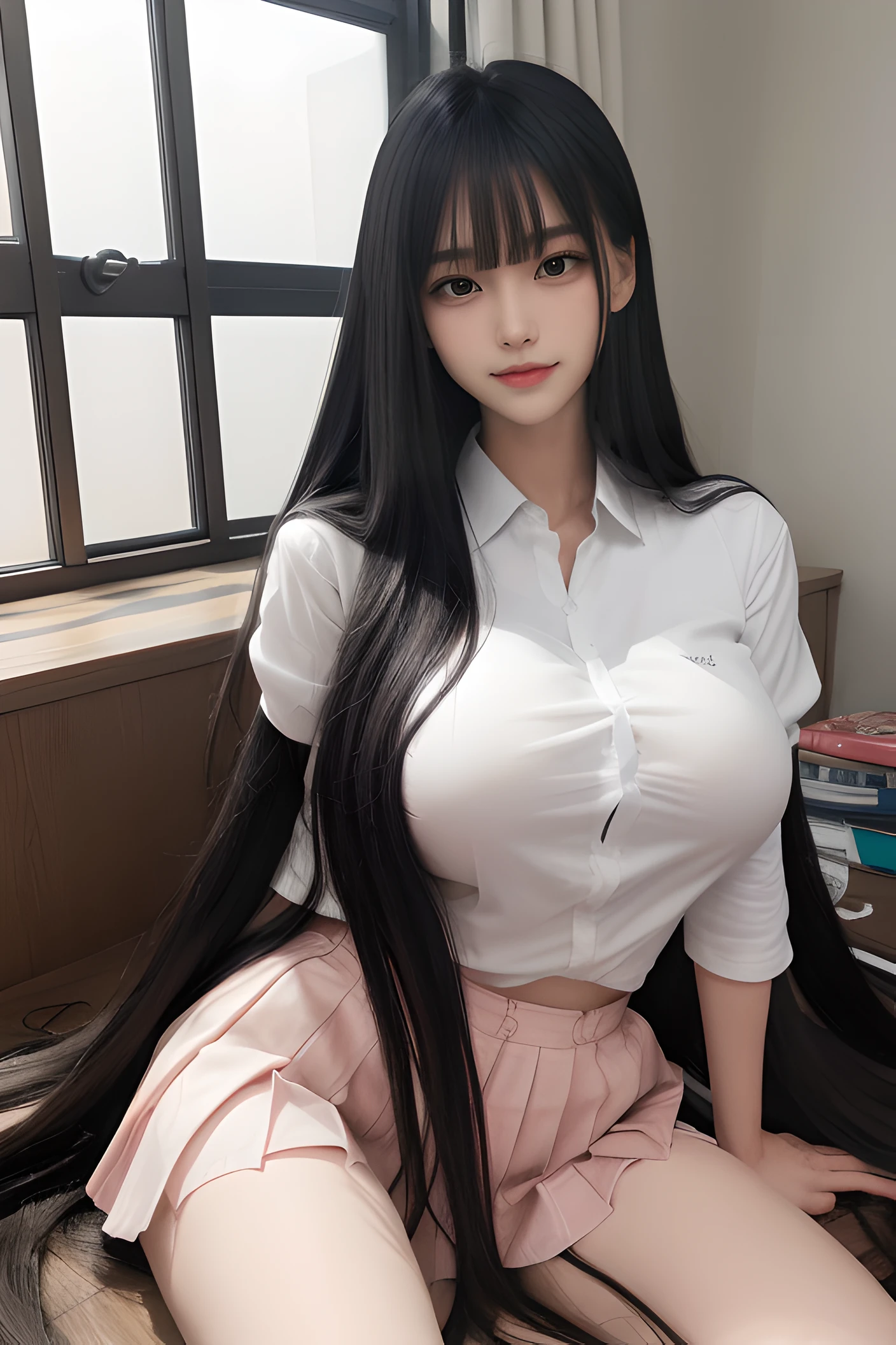 1girl in, (blush)+, lightsmile, School uniform, Short sleeves, Narrowed eyes, (upward-eyed)1.1, Backlight, Bokeh, (the see-through white shirt), bowtie, (Huge breasts, Super breasts), (crass room)And(chair sitting sitting),  Spread legs, plaid skirts, White panties, ,a beauty girl, blush, Seductive smile,Insane details and very detailed, Huge lower eyelid. masutepiece, of the highest quality, Ultra high definition, max resolution, Very detailed, Clean skin,detailed long black hair, with long black hair, long thin black hair, cabelos preto e longos, Dark long hair, Beautiful woman with amazingly grown, 

(((Blunt bangs, Very long hair, absurdly long hair:1.0)))