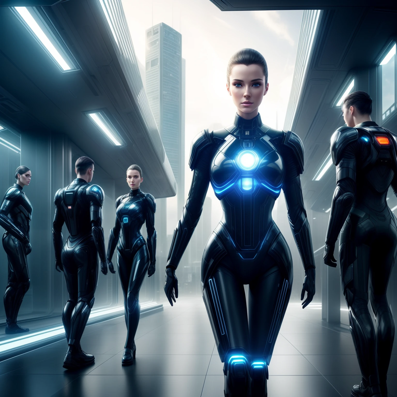 (Photorealistic:1.2), (8K Resolution), (Best Quality), (Masterpiece), portrait of a beautiful female android with pale synthetic skin, short dark hair, glowing cybernetic eyes, wearing a sleek black leather jacket, standing motionless on display in a brightly lit futuristic high-tech androids shop, customers walking by in the background, store has large glass windows overlooking a sprawling futuristic cityscape, cinematic lighting, hazy atmosphere, highly detailed