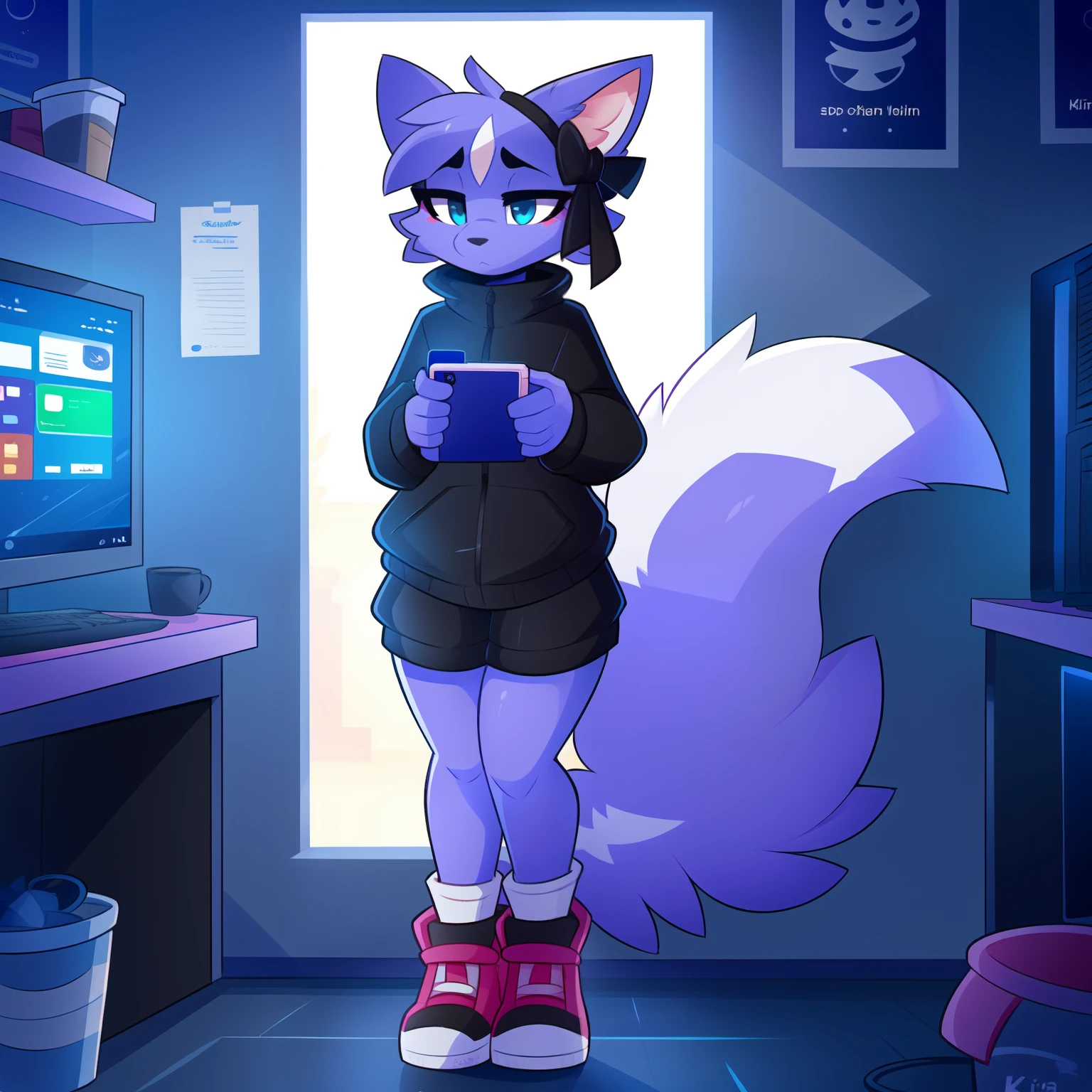 (Solo:1.3), Female Shikabane, cute face, cute body, standing in a dimly lit computer Internet cafe hallway, jitome, holding an iPhone, cellphone in one hand, (solo:1.3), highly detailed, black high top shoes, (short small cute tail:1.2), (only one cute tail:1.2), high resolution, bare legs, depressed, black shorts, (by Kilinah, by Coffeesoda, by Hioshiru, by Kilinah)