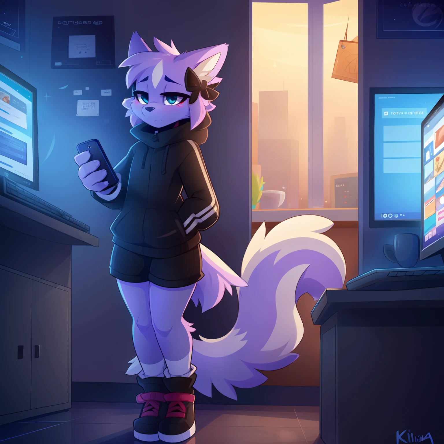 (Solo:1.3), Female Shikabane, cute face, cute body, standing in a dimly lit computer Internet cafe hallway, jitome, holding an iPhone, cellphone in one hand, (solo:1.3), highly detailed, black high top shoes, (short small cute tail:1.2), (only one cute tail:1.2), high resolution, bare legs, depressed, black shorts, (by Kilinah, by Coffeesoda, by Hioshiru, by Kilinah)
