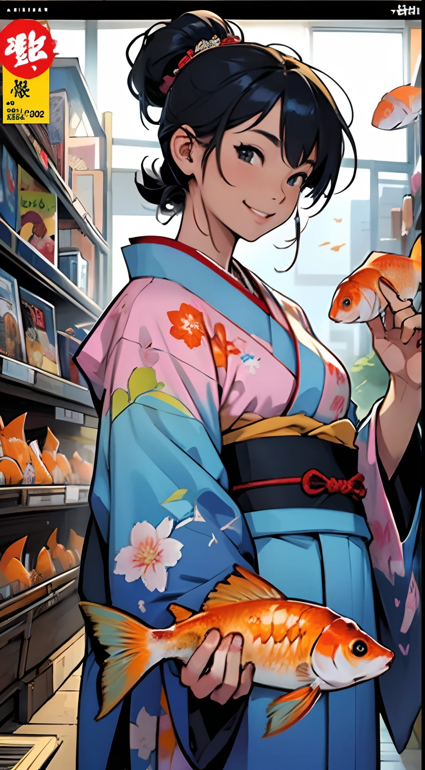Woman in Kimono、Brilliant dance、A smile、A school of goldfish is swimming in the air、Comic Comic Book Cover