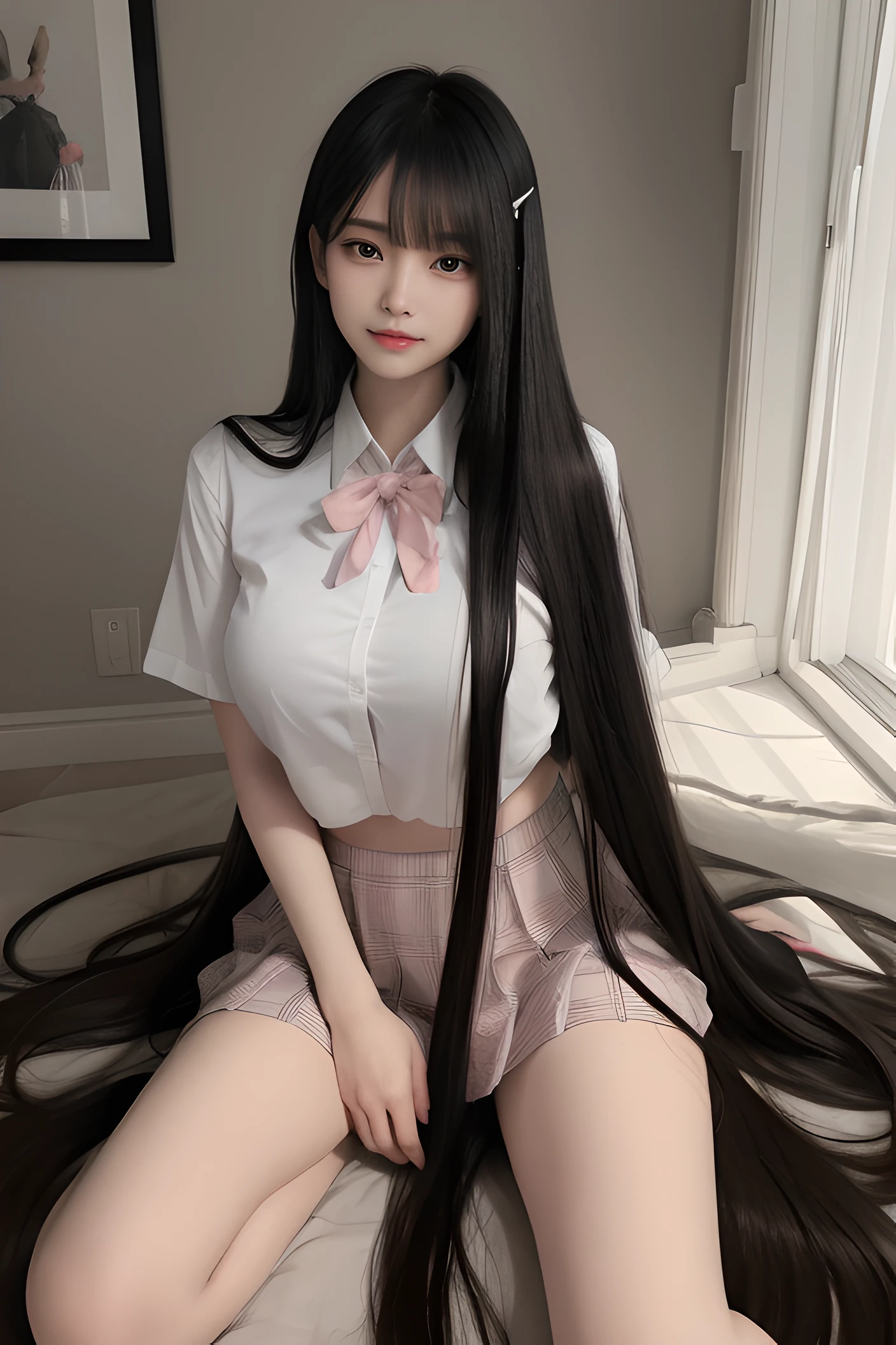 1girl in, (blush)+, lightsmile, School uniform, Short sleeves, Narrowed eyes, (upward-eyed)1.1, Backlight, Bokeh, (the see-through white shirt), bowtie, (Huge breasts, Super breasts), (crass room)And(chair sitting sitting),  Spread legs, plaid skirts, White panties, ,a beauty girl, blush, Seductive smile,Insane details and very detailed, Huge lower eyelid. masutepiece, of the highest quality, Ultra high definition, max resolution, Very detailed, Clean skin,detailed long black hair, with long black hair, long thin black hair, cabelos preto e longos, Dark long hair, Beautiful woman with amazingly grown, 

(((Blunt bangs, Very long hair, absurdly long hair:1.0)))