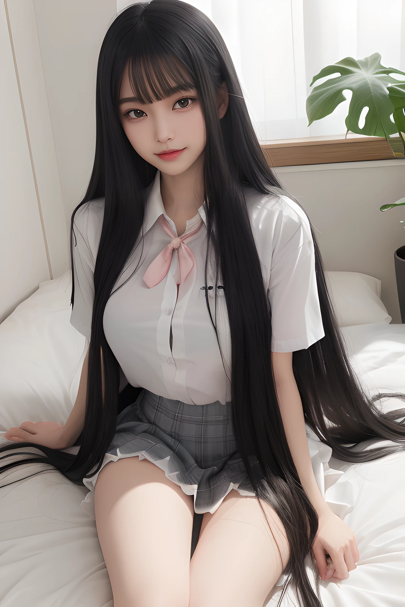 1girl in, (blush)+, lightsmile, School uniform, Short sleeves, Narrowed eyes, (upward-eyed)1.1, Backlight, Bokeh, (the see-through white shirt), bowtie, (Large breasts), (crass room)And(chair sitting sitting),  Spread legs, plaid skirts, White panties, a blond,a beauty girl, blush, Seductive smile,Insane details and very detailed, Huge lower eyelid. masutepiece, of the highest quality, Ultra high definition, max resolution, Very detailed, Clean skin,detailed long black hair, with long black hair, long thin black hair, cabelos preto e longos, Dark long hair, 

(((Blunt bangs, Very long hair, absurdly long hair:1.0)))