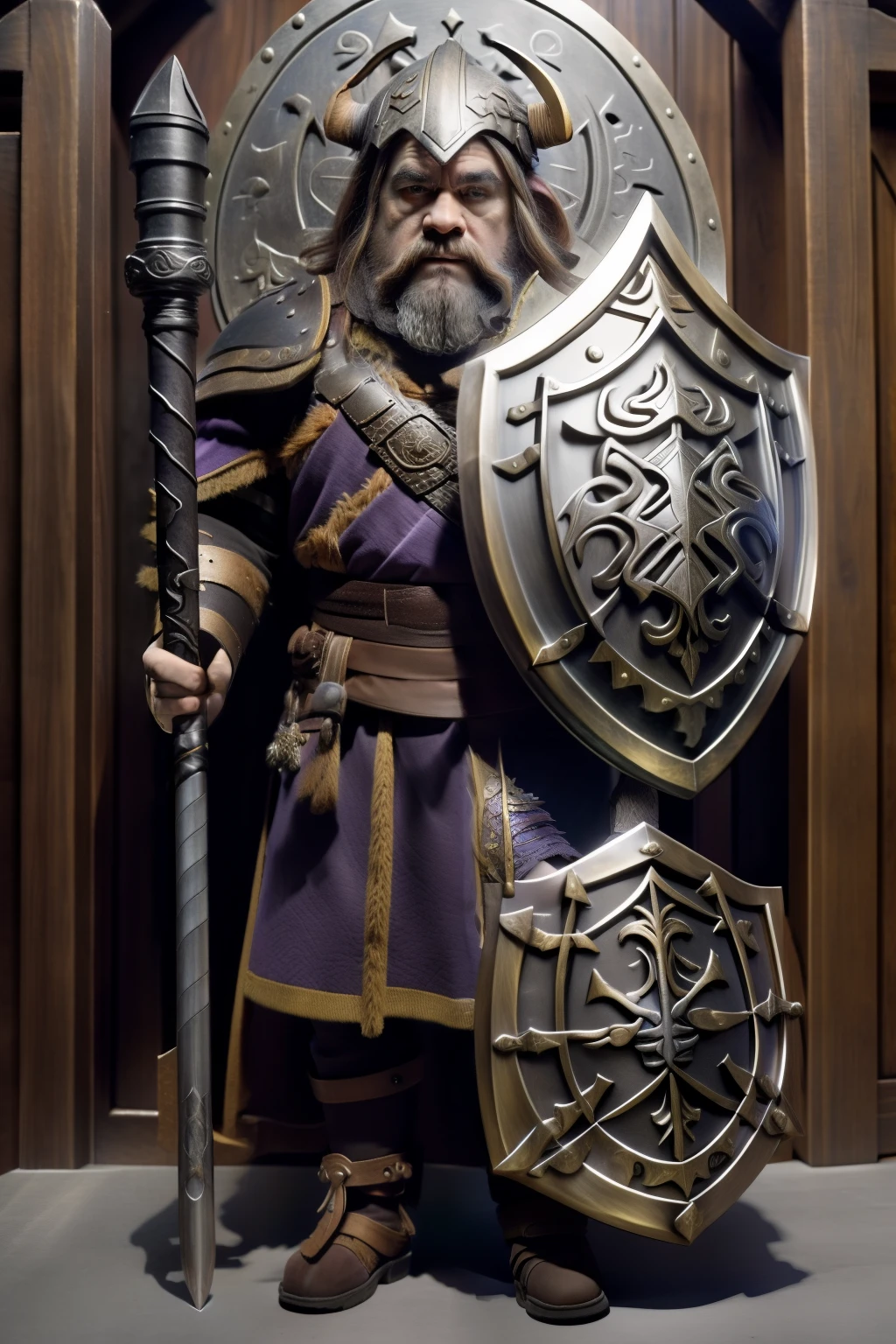 Lord of the Rings Dwarf priest in scale male armor wearing boots, a horned helmet, holding a shield, holding a war hammer, poised to block with shield and swinging the hammer