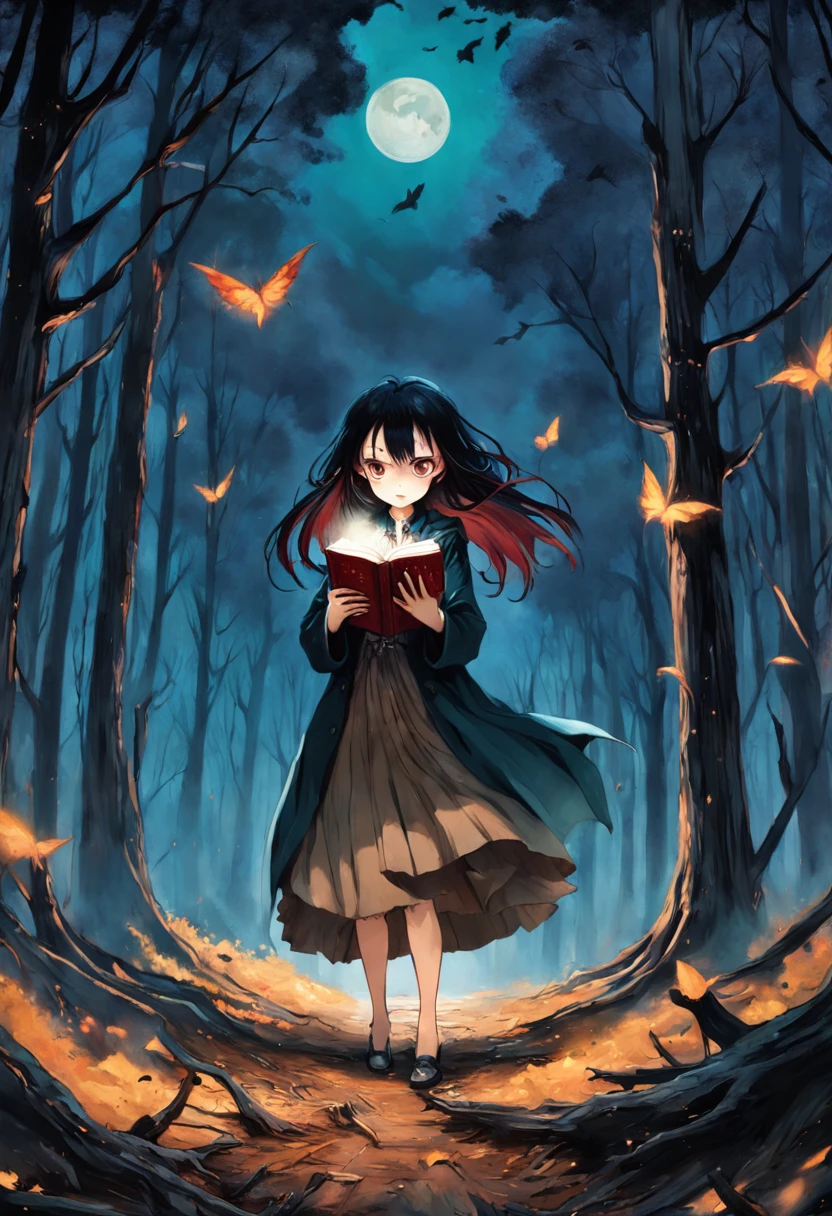 Une femme lisant un livre en marchant dans les bois. Dans le style de Esao Andrews, Minimalisme inkpunk. Dans le style Tim Burton. Gothic.