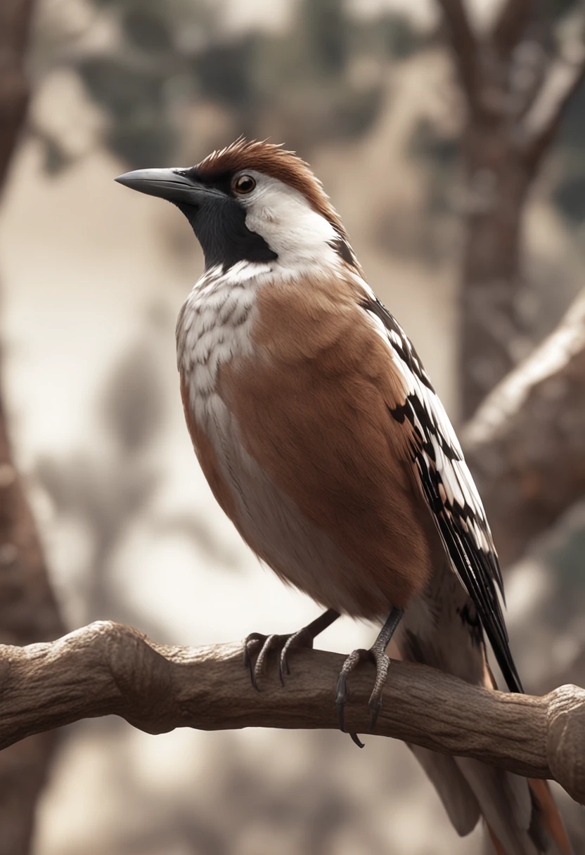 Diamond bird Bichenov with white face a rya above dark brown eyes on the back light brown with white dots and on its black wings the tail is brown odvuro all over its body that this in a tree is the main protagonist Natural realistic rendering, fotorrealista altamente detallado, render fotorrealista, Arte conceptual fotorrealista, Render hiper real, Renderizado 3D realista rojo, Aves f CGsociety, Imagen fotorrealista, fotorrealista altamente detallado, Renderizado detallado hiperrealista, Imagen detallada fotorrealista, Red bird, super detailed render, Renderizado de alta calidad