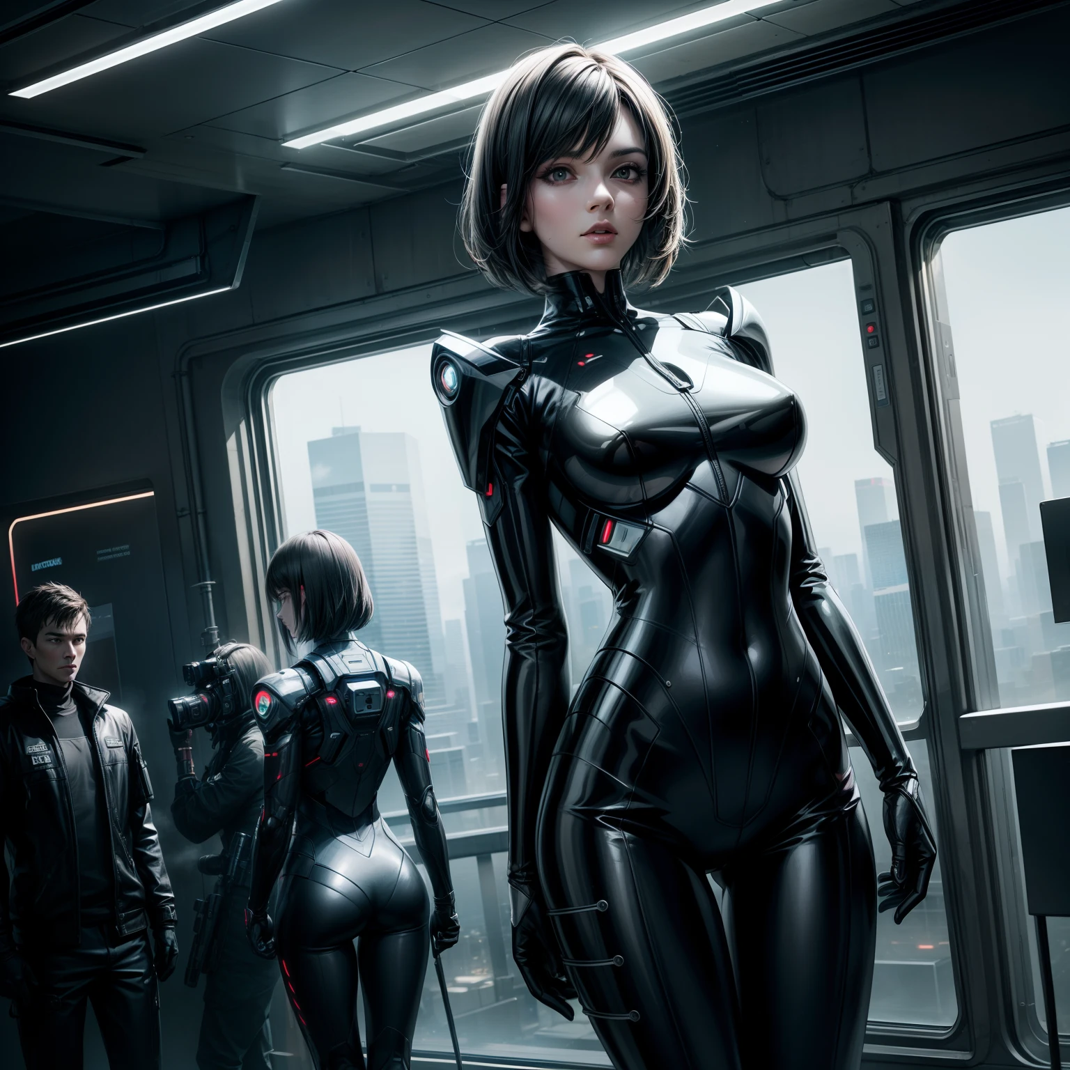 (Photorealistic:1.2), (8K Resolution), (Best Quality), (Masterpiece), portrait of a beautiful female android with pale synthetic skin, short dark hair, glowing cybernetic eyes, wearing a sleek black leather jacket, standing motionless on display in a brightly lit futuristic high-tech androids shop, customers walking by in the background, store has large glass windows overlooking a sprawling futuristic cityscape, cinematic lighting, hazy atmosphere, highly detailed