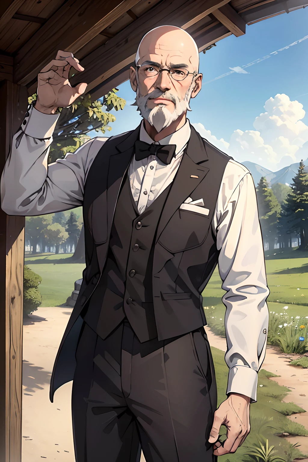 Buttler uniform, adventurers unifom, blck white clothing, old adult, old man, 60 years old, bald, detailed eyes, brown eyes, white beard, strong, polite expression, professional pose, masterpiece, detailed design, (masterpiece, best quality:1.2), highres, extremely detailed CG unity 8k wallpaper, perfect lighting, Colourful, ultra-high res,4K,ultra-detailed, photography, 8K, HDR, highres fields background, dirt path background, adventurer world