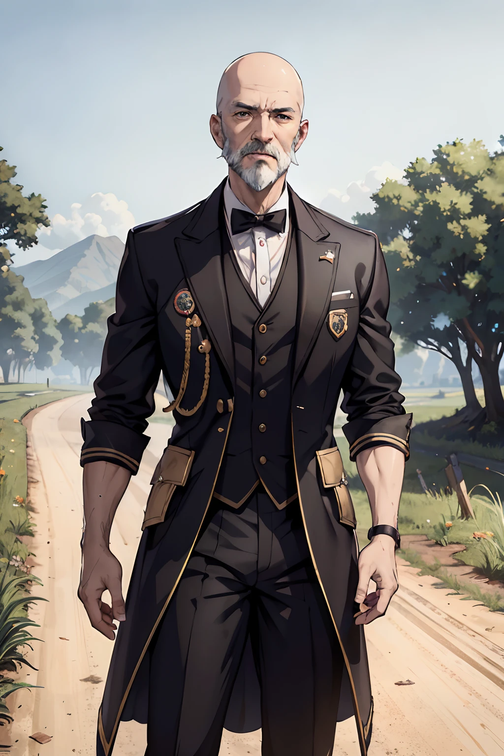 Buttler uniform, adventurers unifom, blck white clothing, old adult, old man, 60 years old, bald, detailed eyes, brown eyes, white beard, strong, polite expression, professional pose, masterpiece, detailed design, (masterpiece, best quality:1.2), highres, extremely detailed CG unity 8k wallpaper, perfect lighting, Colourful, ultra-high res,4K,ultra-detailed, photography, 8K, HDR, highres fields background, dirt path background, adventurer world