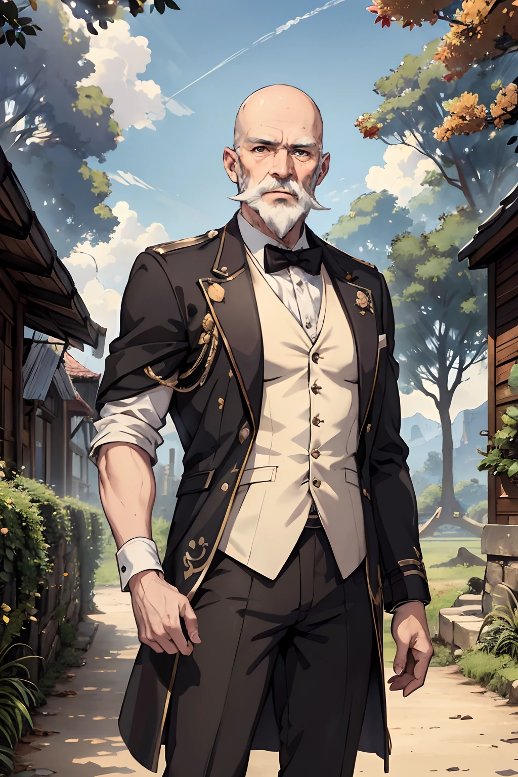 Buttler uniform, adventurers unifom, blck white clothing, old adult, old man, 60 years old, bald, detailed eyes, brown eyes, white beard, strong, polite expression, professional pose, masterpiece, detailed design, (masterpiece, best quality:1.2), highres, extremely detailed CG unity 8k wallpaper, perfect lighting, Colourful, ultra-high res,4K,ultra-detailed, photography, 8K, HDR, highres fields background, dirt path background, adventurer world