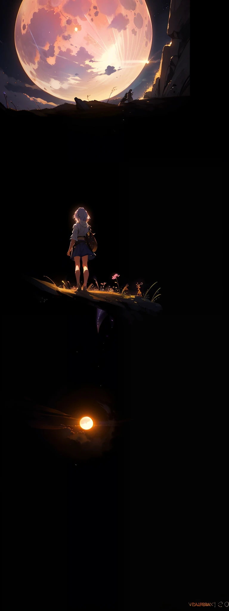 Vast landscape photo, (viewed from below, the sky is above and the open field is below), a girl standing on a flower field looking up, (full moon: 1.2), (meteor: 0.9), (nebula: 1.3), distant mountains , Trees BREAK Crafting Art, (Warm Light: 1.2), (Fireflies: 1.2), Lights, Lots of Purple and Orange, Intricate Details, Volumetric Lighting, Realism BREAK (Masterpiece: 1.2), (Best Quality), 4k, Ultra-Detailed, (Dynamic Composition: 1.4), Very Detailed, Colorful Details, (Rainbow Colors: 1.2), (Glow Lighting, Atmospheric Lighting), Dreamy, Magical, (Solo: 1.2)