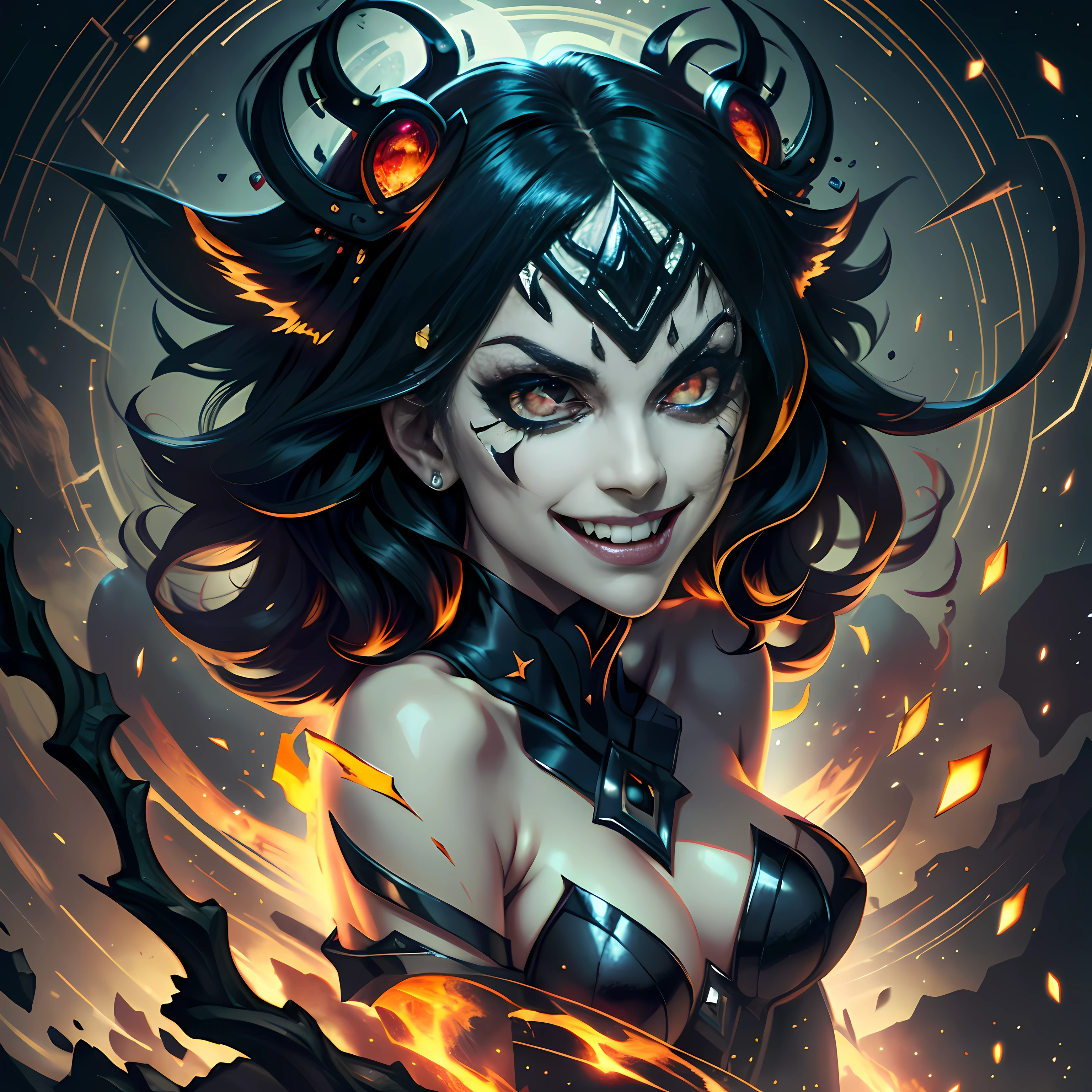 Create a compelling, pitch-black artwork featuring piercing red eyes, sinister grin, sparkling teeth, cracked mouth, sharp fangs. Achieving (Meisterwerk: 1.2), it merges vibrant fan art, captivating mystery, entrancing beauty, and underlying strength. Infuse depth from platforms like pixiv (pixiv: 1.4).
Utilize volumetric lighting and background illumination. Backdrop: starry night, twinkling stars, soft moonlight. Celestial contrast intensifies impact of grin and fiery eyes, interplay between light and darkness.
Volumetric lighting: depth, subtle shadows. Background illumination: cracked mouth, razor-sharp fangs' details, amplifies malevolent elements.
Unite elements for artwork captivating eyes, stirring soul. Let it linger, testament to beauty, mystery, strength. Edit, refine via stable diffusion for distinct style.