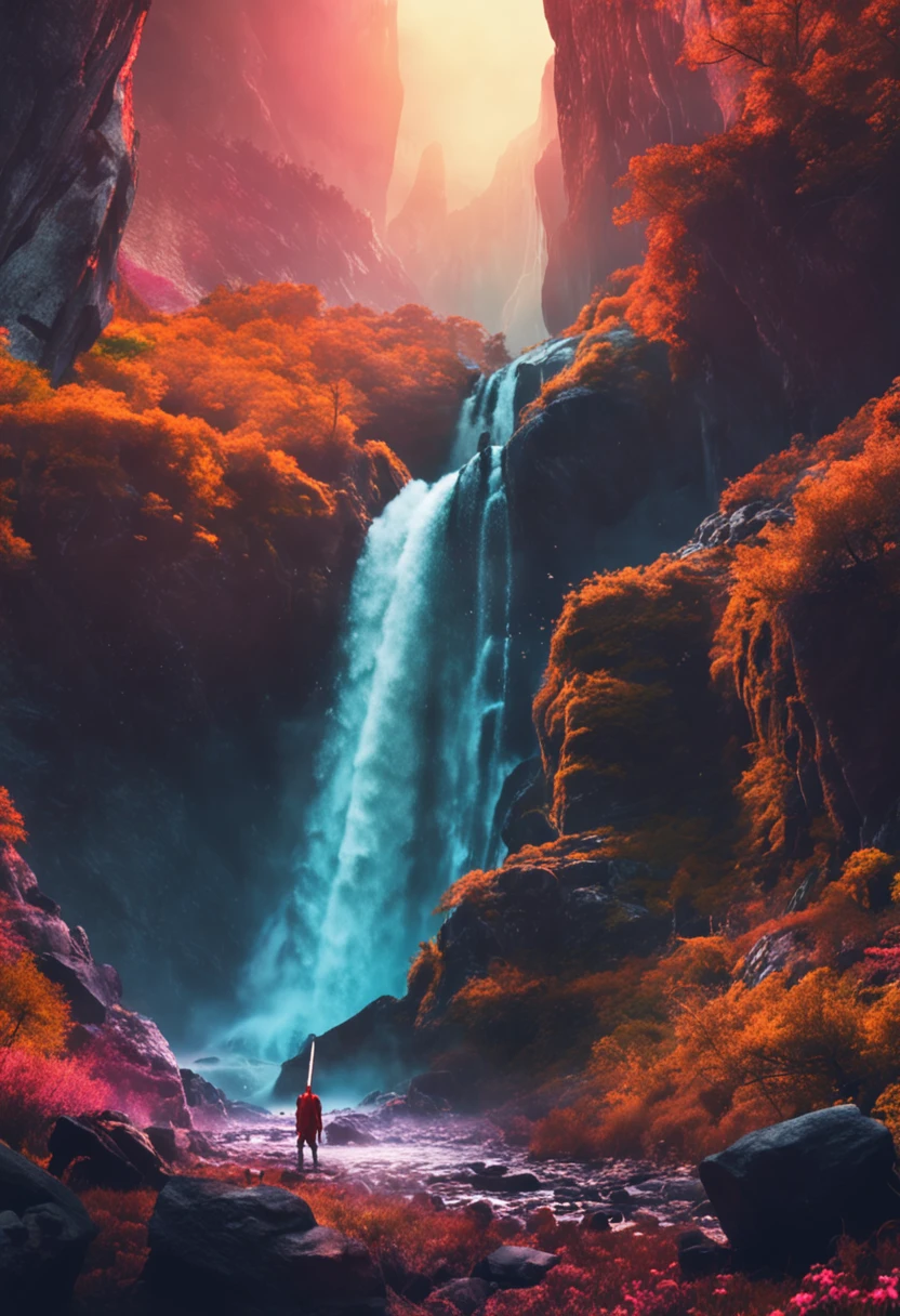 I want to create a warrior with a sword at the foot of a waterfall