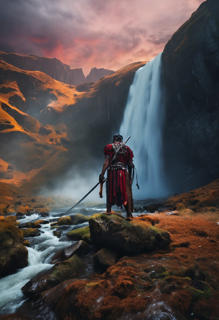 I want to create a warrior with a sword at the foot of a waterfall